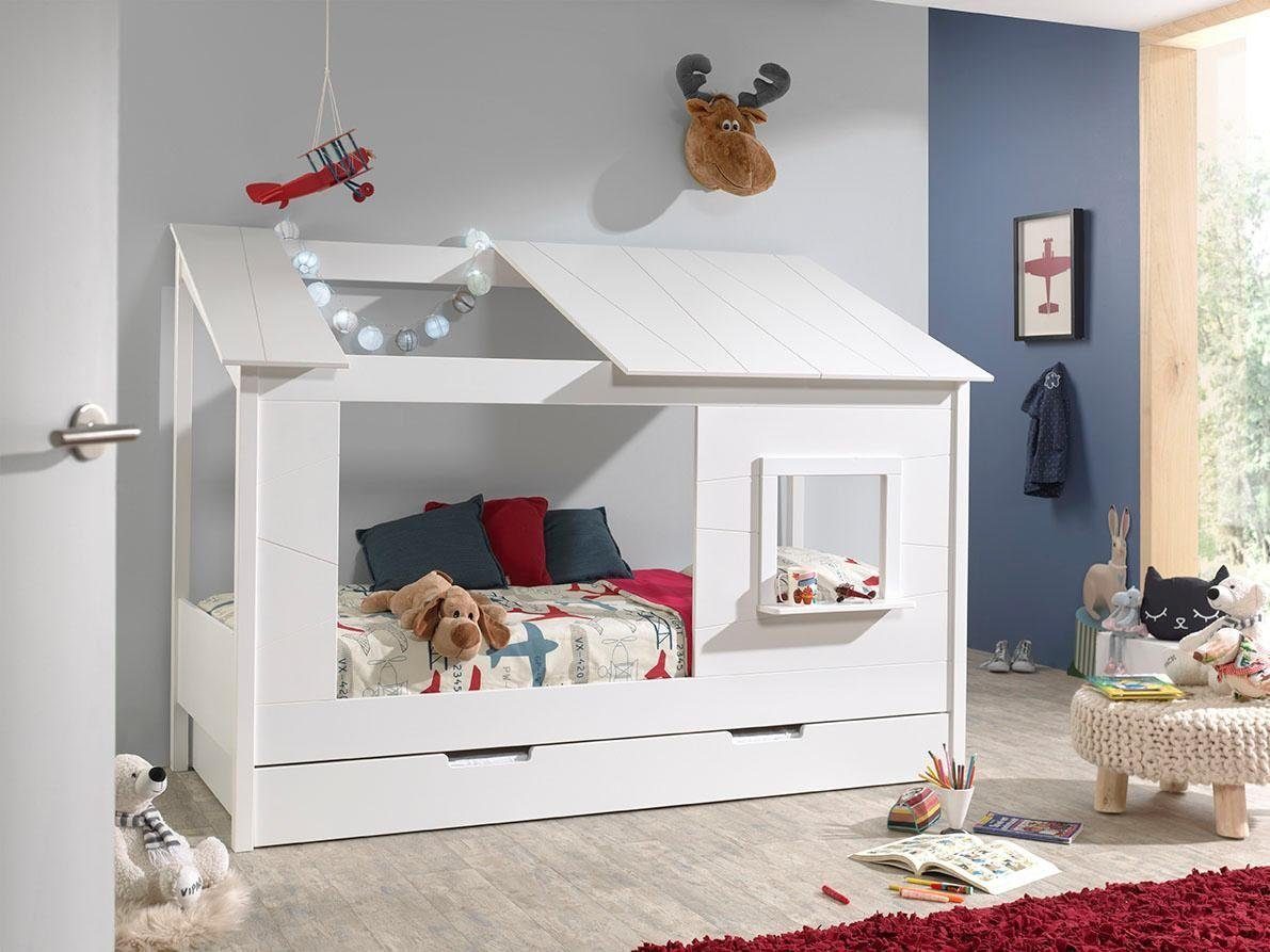 Vipack Kinderbett Hausbett, aus MDF und Massivholz weiß lackiert, inkl. Fenster vorne (B/H/T ca. 214x158,5x105cm, seitl. und hinten offen), wahlweise mit oder ohne Bettschublade auf Rollen
