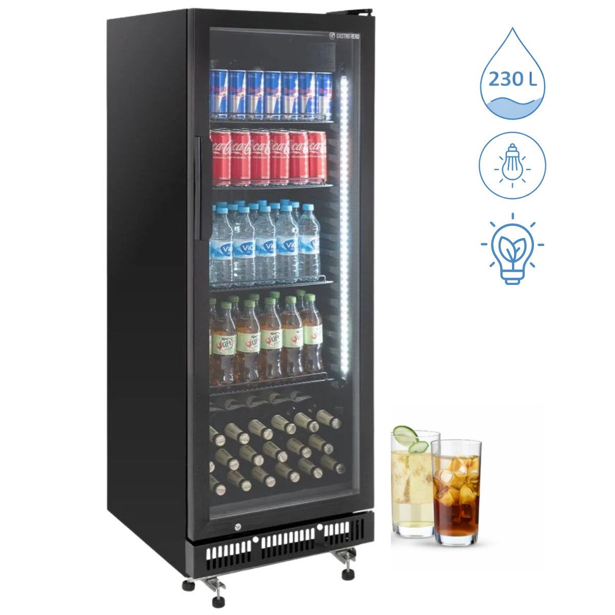 GastroHero Getränkekühlschrank GKS-230 Flaschenkühlschrank, Glastür & LED, abschließbar schwarz, 146.7 cm hoch, 53 cm breit, doppelverglaster Isolierglastür, Temperaturbereich: 0 °C bis +8 °