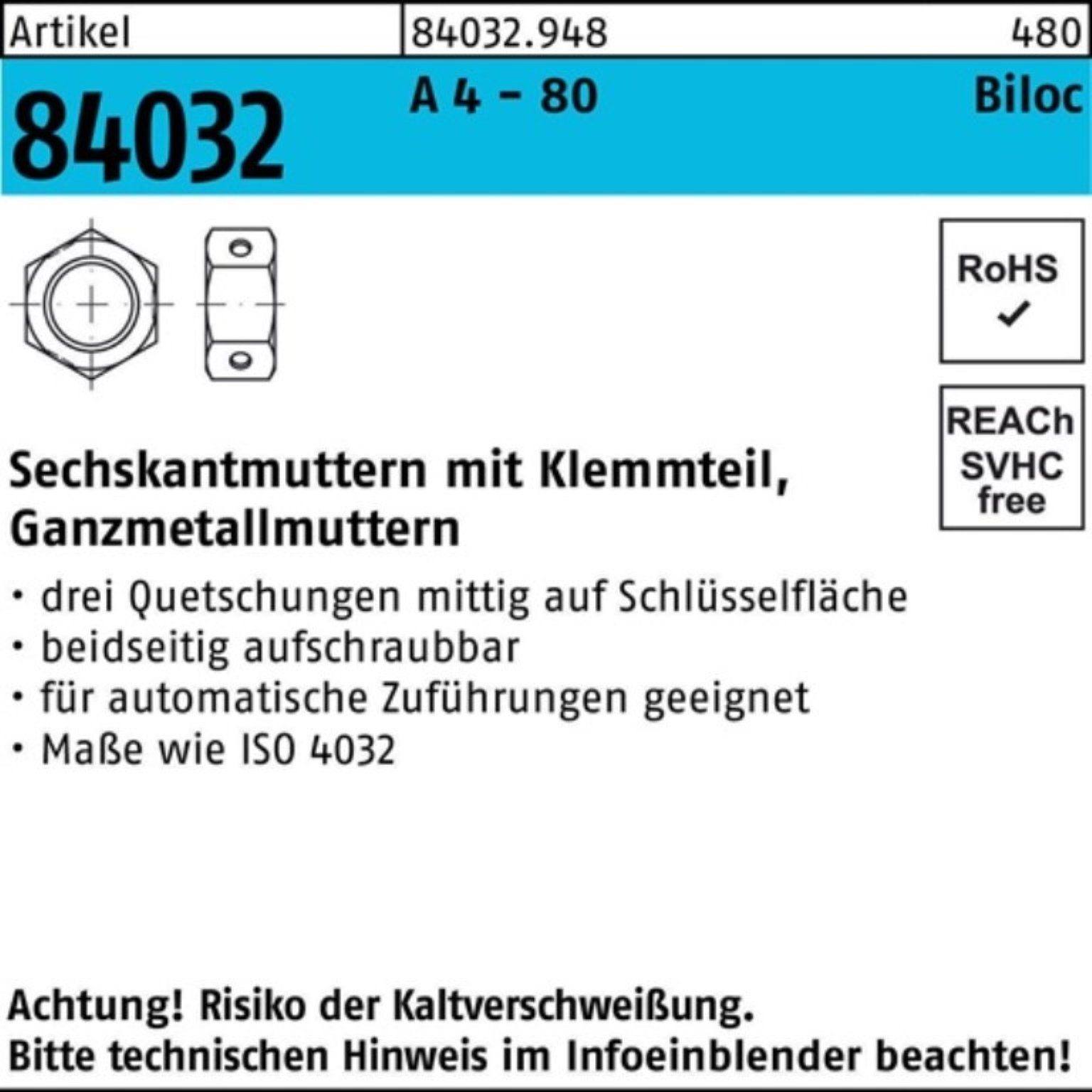 Reyher Muttern 500er Pack Sechskantmutter R 84032 Biloc Klemmteil M10 A 4 - 80 500 St