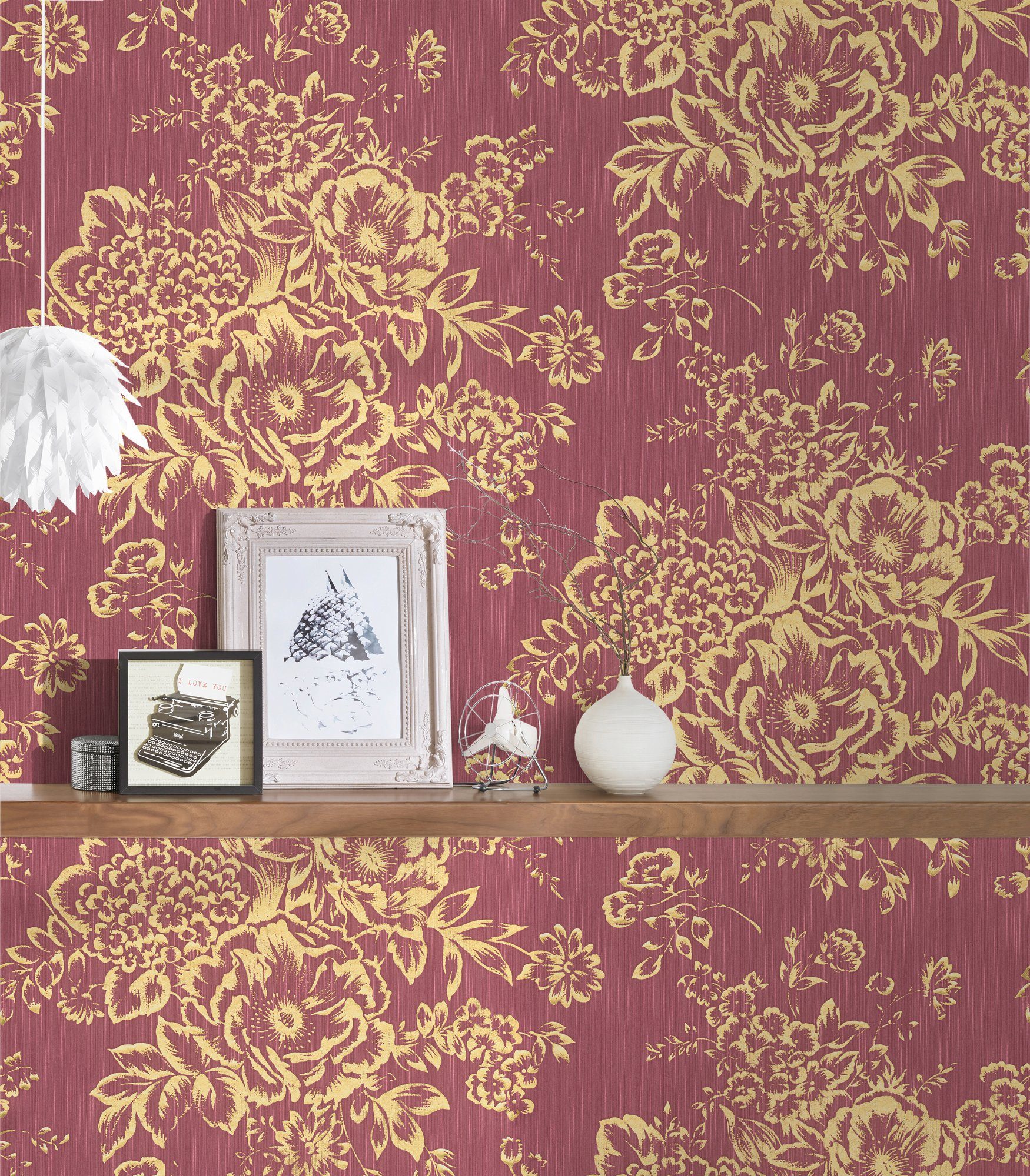 Architects Paper Textiltapete Metallic Silk, Tapete samtig, matt, floral, gold/rot Blumen glänzend, Barocktapete