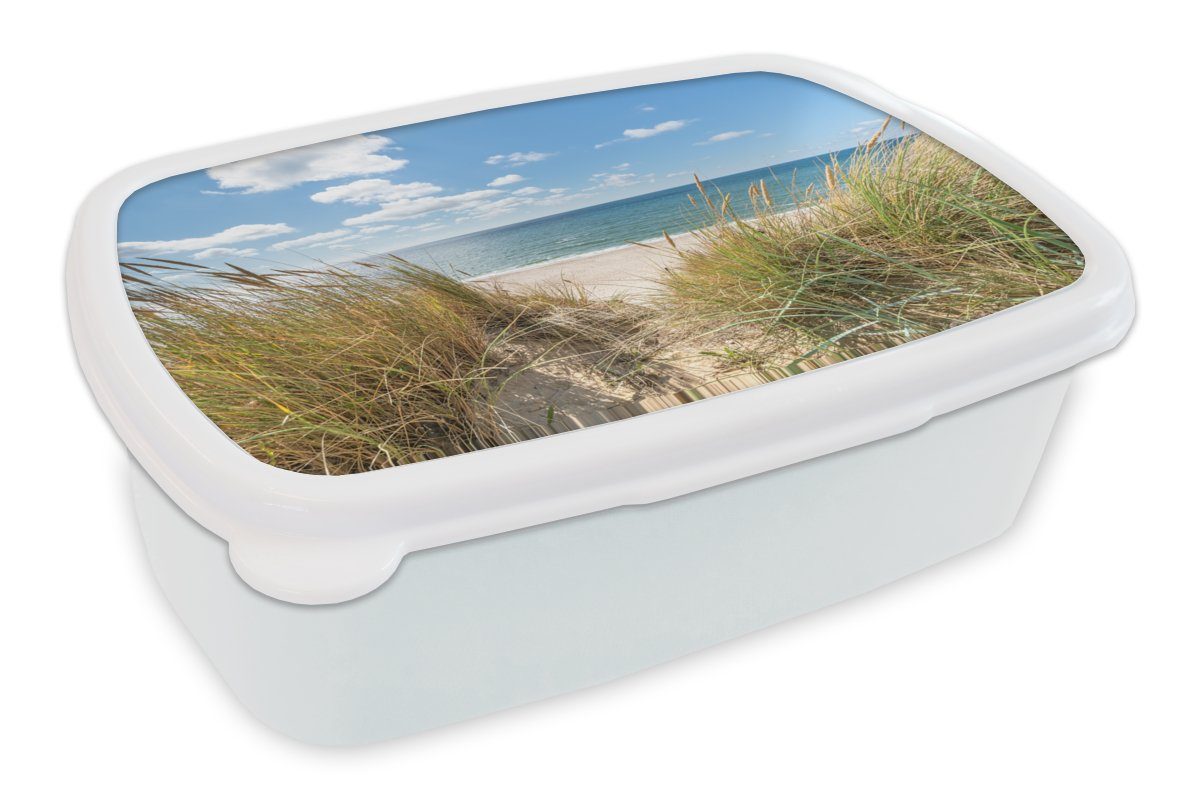 MuchoWow Lunchbox Düne - Gras - Meer - Strand, Kunststoff, (2-tlg), Brotbox für Kinder und Erwachsene, Brotdose, für Jungs und Mädchen weiß