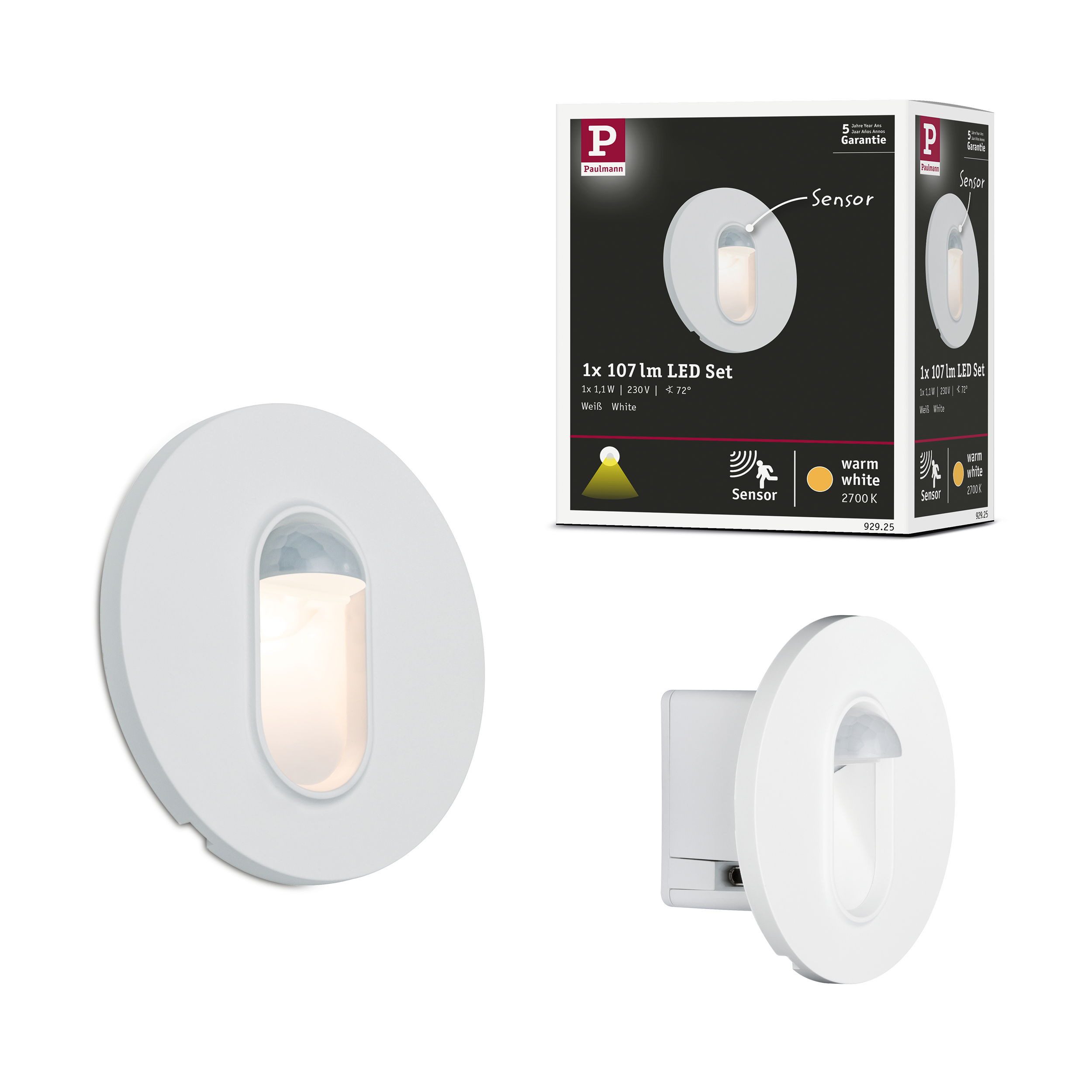 Paulmann LED Wandleuchte Einbauleuchte rund Weiß 2,7W, LED fest integriert, Warmweiß, mit Bewegungssensor Dämmerungssensor