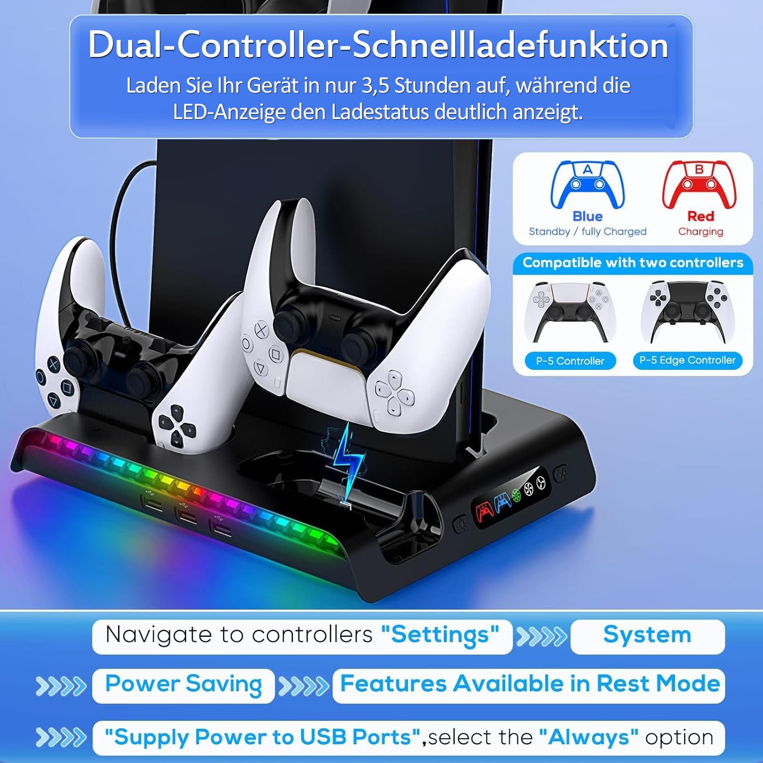 TUWENA Standfuß für PS5 Pro/PS5 Slim, LED Controller Ladestation Zubehör PlayStation 5-Controller (kompatibel mit Playstation5 Pro/Slim Digital/Disc Edition) – Bild 4 von 5