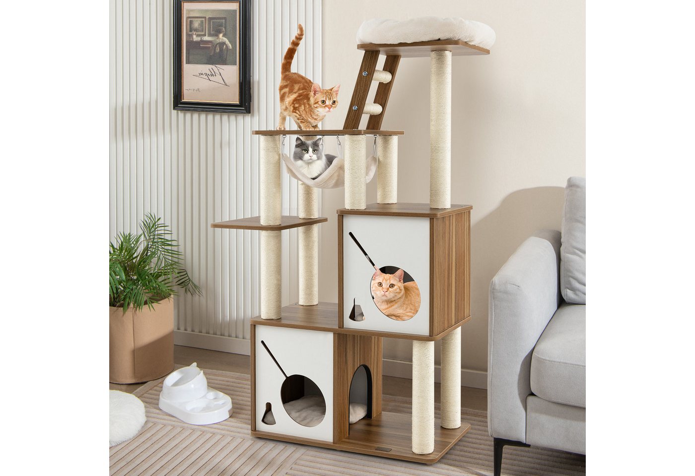 Thumbnail - COSTWAY Kratzbaum, mit Hängematte & 2 Katzenhöhlen & Leiter, 145cm