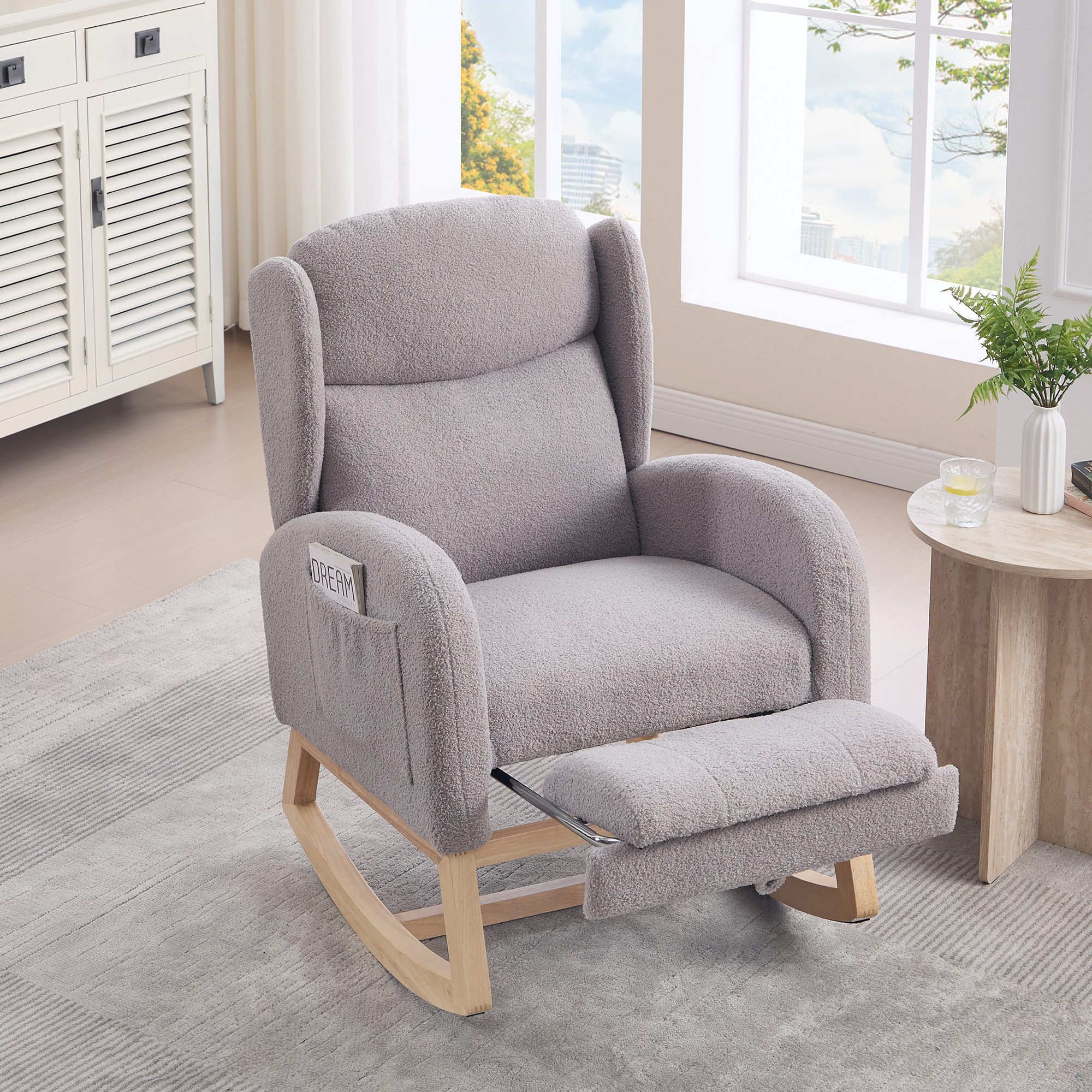 REDOM Schaukelstuhl Stillsessel Relaxsessel (mit Holzgestell, verstellbare Fußstütze & Teddy-Stoff – Ergonomischer Stillstuhl, Lounge-Sessel mit Tasche und hoher Rückenlehne)