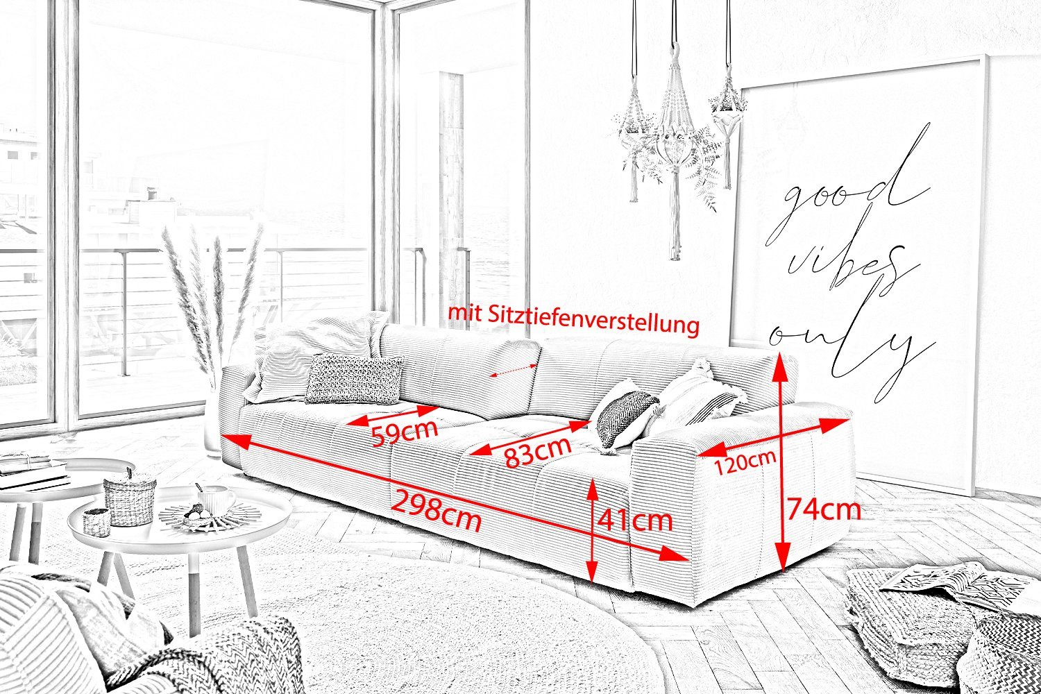 Farben versch. Sitztiefenverstellung Sofa Big 3-Sitzer hellgrau mit PALACE, Cord KAWOLA