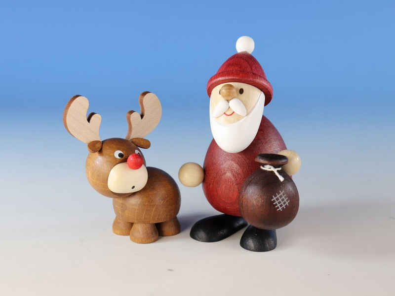 Ullrich Kunsthandwerk Weihnachtsmann Ullrich Dekofigur Weihnachtsmann mit Elch, Holzkunst aus dem Erzgebirge