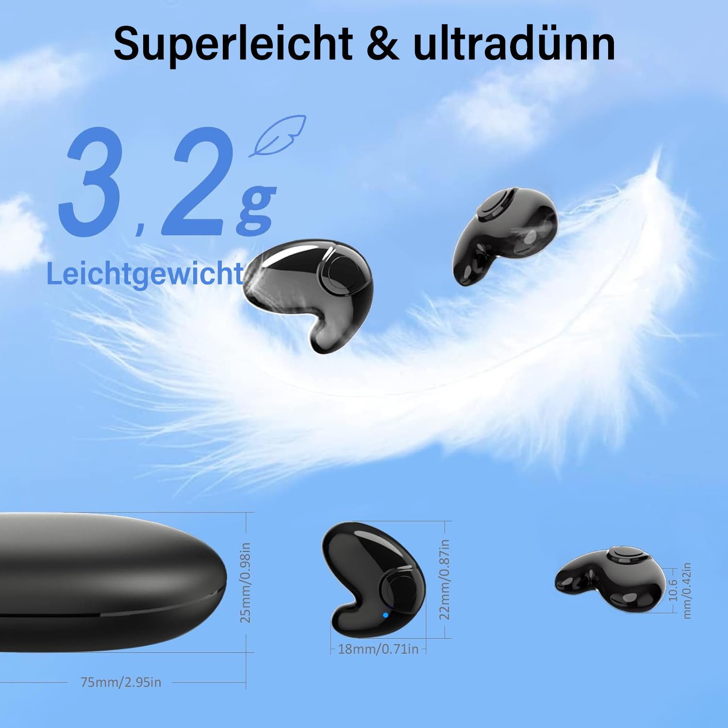 MOPUEA In-Ear Schlafkopfhörer kabellose Schlaf-Ohrhörer für Seitenschläfer Bluetooth-Kopfhörer (integriertes Mikrofon, Kompakt mit Typ-C-Schnellladehülle)