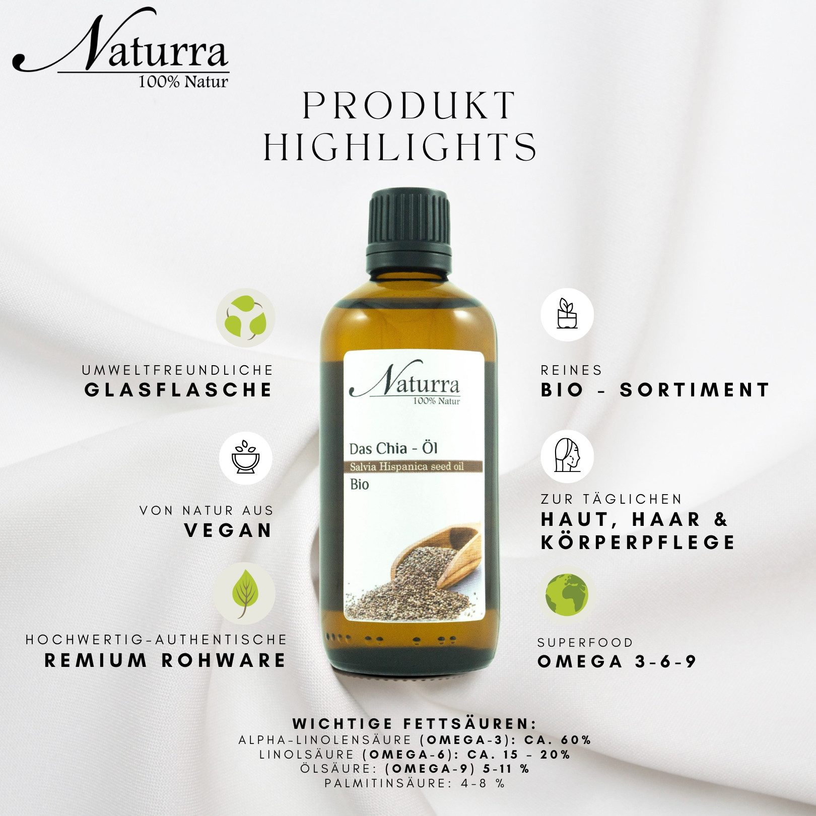 Naturra Körperöl Bio Chiaöl kaltgepresst unraffiniert premium Naturkosmetik im Glas, kaltgepresst, nativ, Premium Qualität, Omega-Öl, tierversuchsfrei