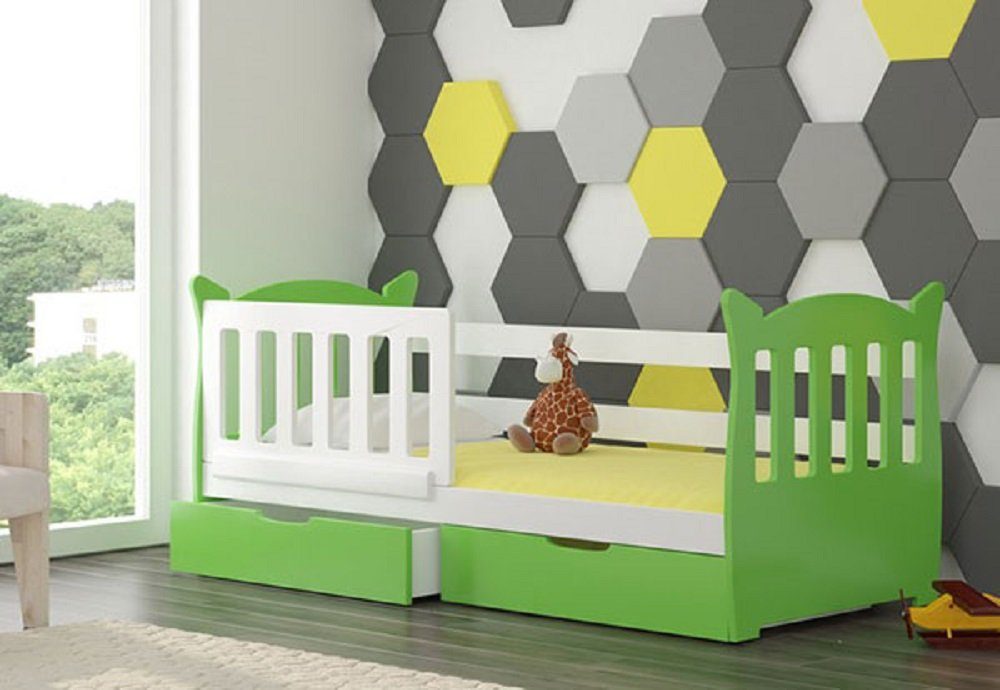 Feldmann-Wohnen Kinderbett LENA (mit 2 Schubladen), Farbe wählbar Kiefer weiß / Absetzungen: grün