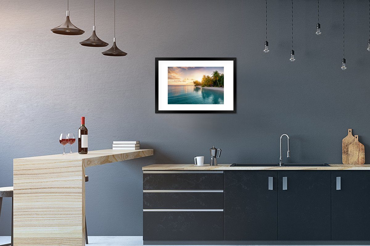 St), MuchoWow Kunstdruck, - - mit Schwarzem Strand Rahmen, Poster, Tropisch, Insel Poster Bilderrahmen (1 Meer Gerahmtes -