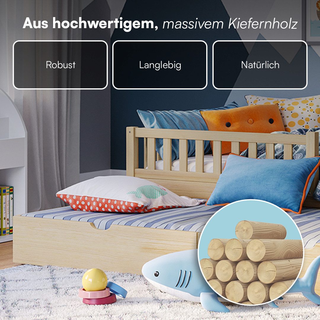 Bellabino Kinderbett Vils 90x200 cm mit Rausfallschutz, Lattenrost, Kiefer Massivholz (natur, inkl. Gästebett 90x190, optional mit Matratze) – Bild 5 von 5