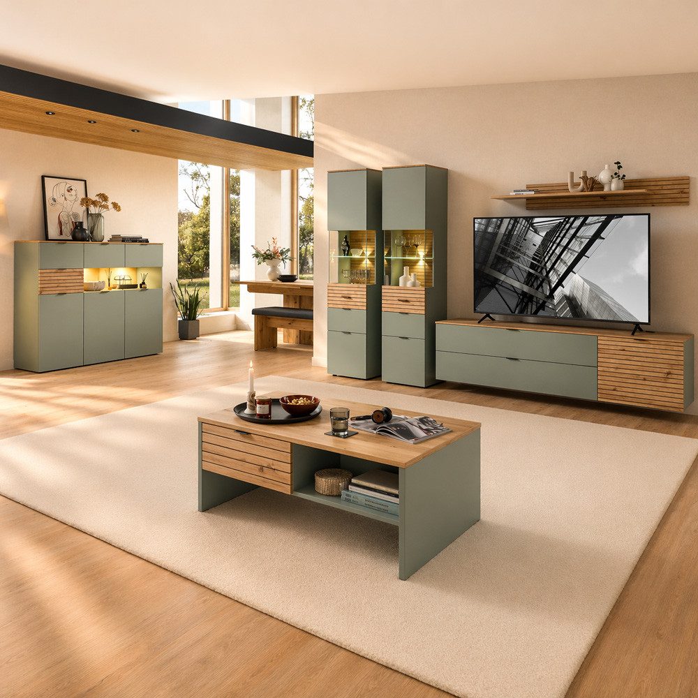 Lomadox Wohnzimmer-Set ISCHIA-36, (Mega-Spar-Set, 7-St., Highboard Vitrinen Lowboards Wandboard Couchtisch), in Grün mit Eiche, inkl. Beleuchtung, Lamellenoptik