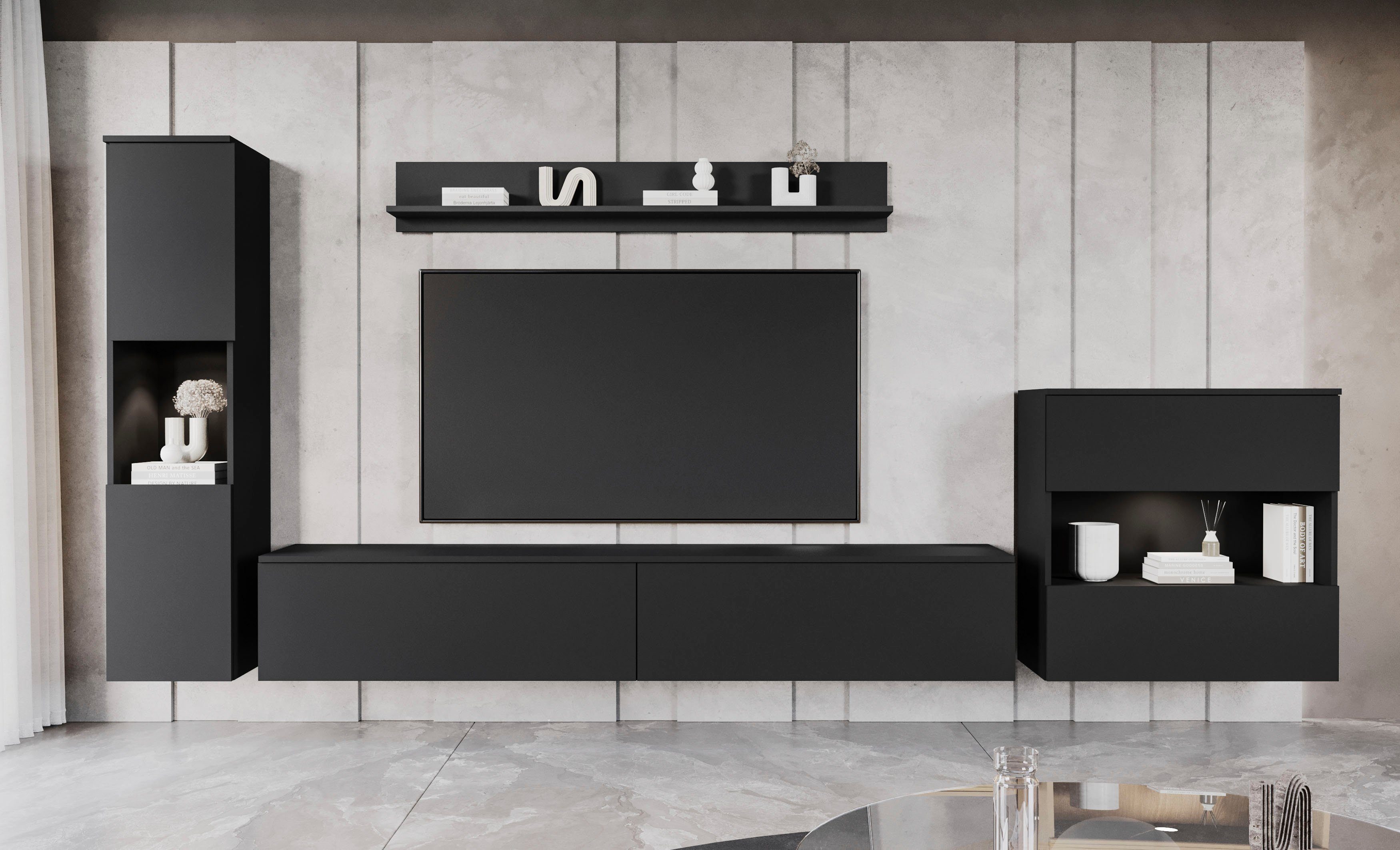 OTTO home Wohnwand PARIS, Vitrine Türanschlag links/rechts wechselbar, (Komplett-Set, 4-St), grifflose Design, stehend und hängend montierbar