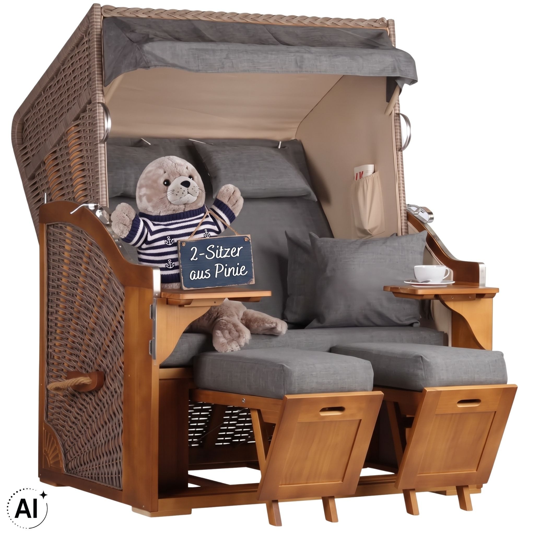 MR.DEKO Strandkorb 2-Sitzer Schleswig Pinie Braun PE Mokka, aufgebaut geliefert, BxTxH: 120x80x160 cm, 2-Sitzer, Schleswig, (Zweisitzer Strandkorb mit Bistrotischen & Fußstützen), Bereits montiert, UV-beständig, Volllieger & Edelstahl-Beschläge