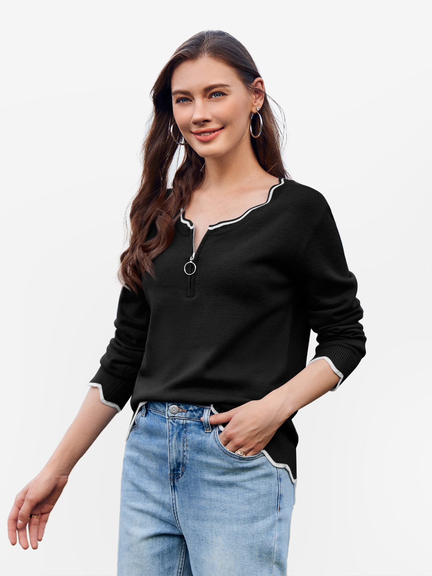 Imily Bela Sweater Damen Pullover mit V-Ausschnitt und 1/4-Reißverschluss ( günstig online kaufen