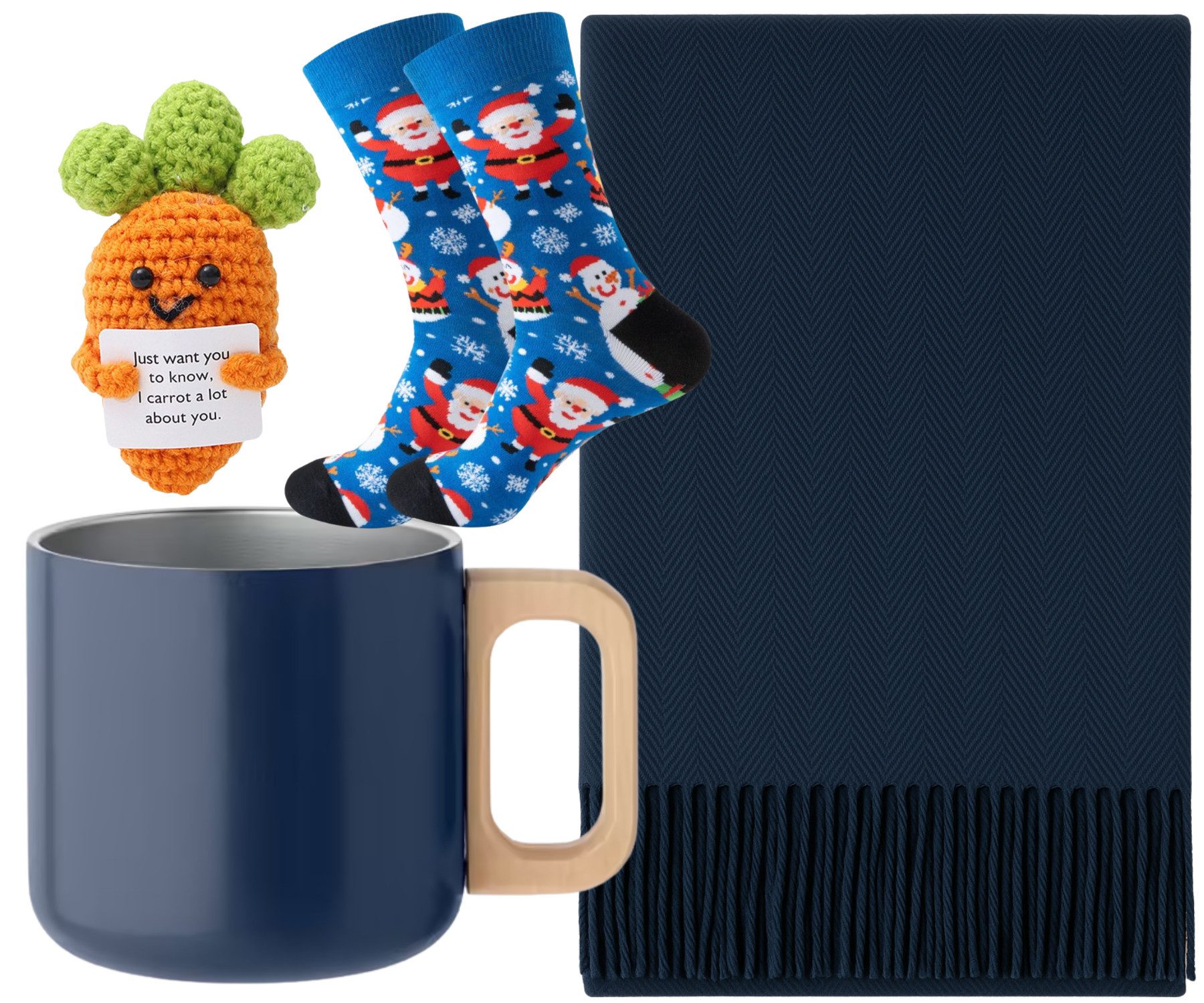 Quality Elegance Schal Weihnachts Geschenkset Schal, Wintertasse, Socken & Häkelkarotte, (4-St)