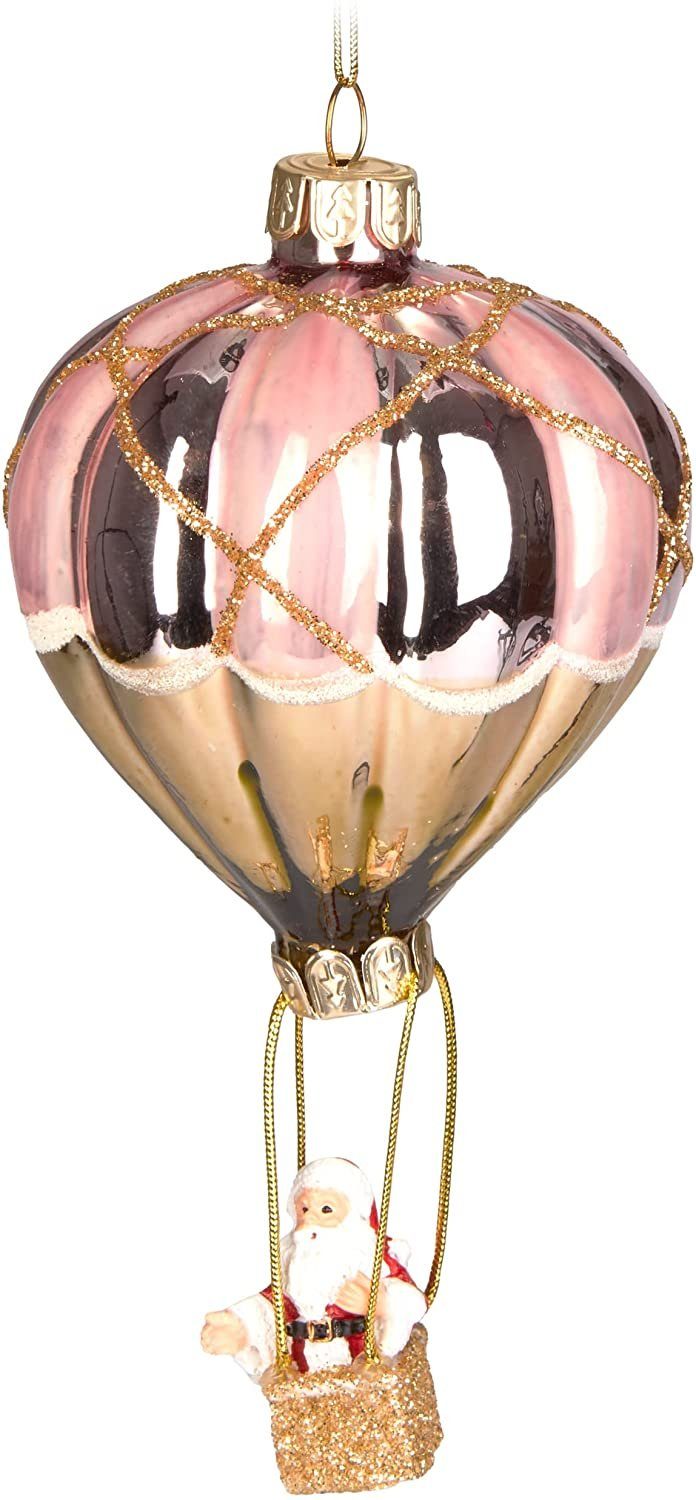 BRUBAKER Christbaumschmuck Weihnachtsmann im Heißluftballon Rosa Gold (1-tlg), Handbemalte Baumkugel aus Glas - Mundgeblasener Christbaumschmuck Figuren Deko Anhänger Lustige Weihnachtskugel - 14 cm
