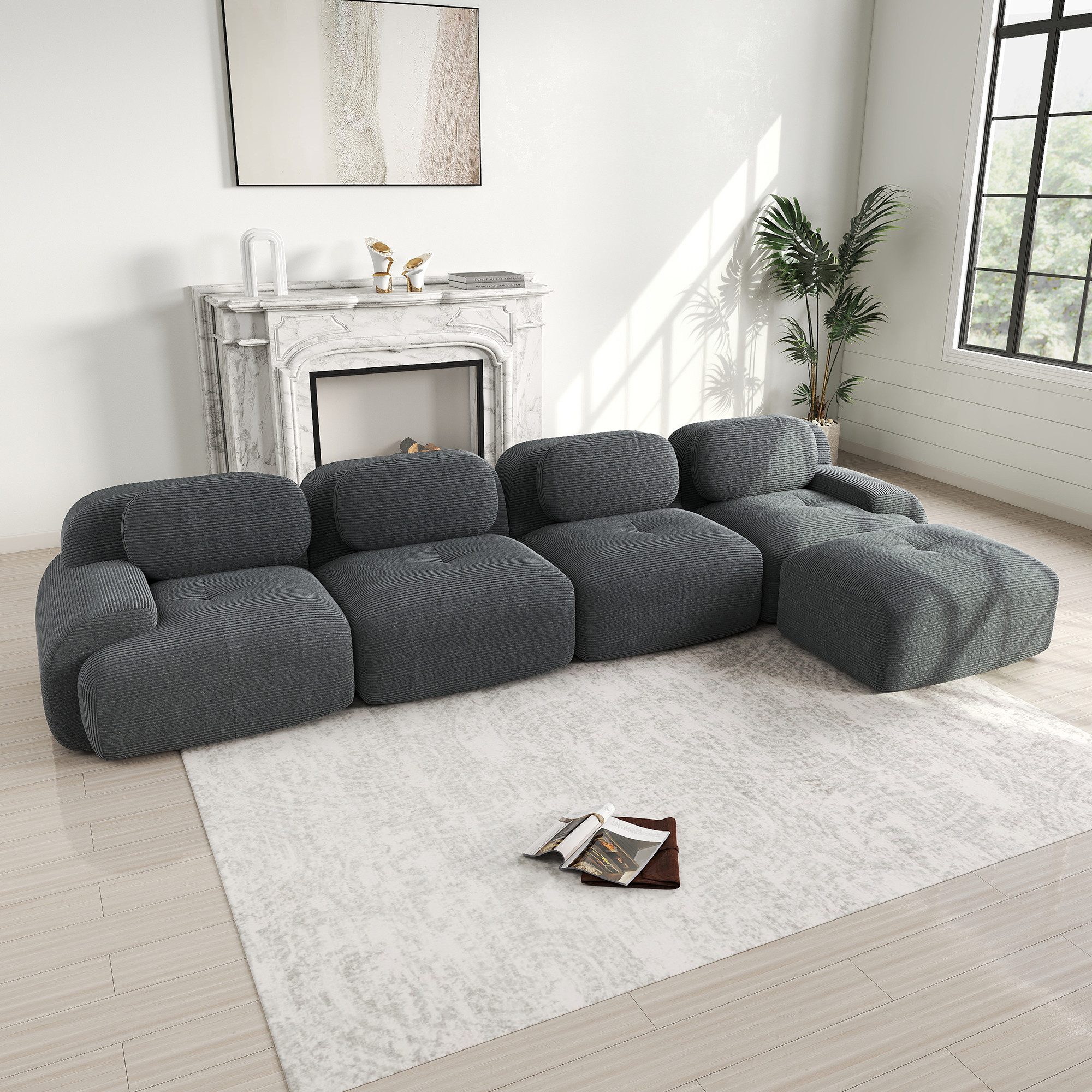 Odikalo 3-Sitzer modular kombinierbar Polstersofa Chaiselongue, 4-Sitzer Ecksofa mit 32D hochelastischer Polsterung, rutschfest, mit Chaiselongue, extra-breite Armlehnen, frei kombinierbar, ohne Montage für Büro, Wohnzimmer und Heimkino