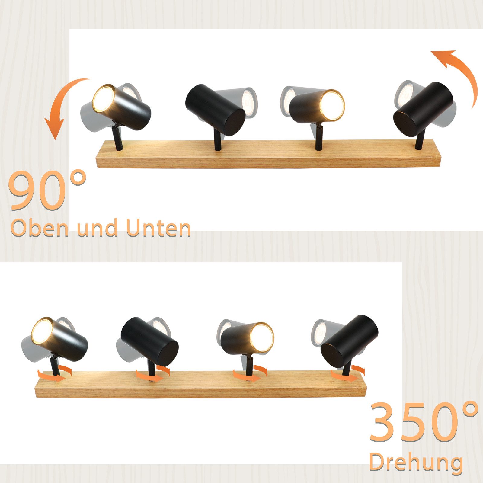 ZMH Deckenstrahler 4 Flammig Holz - Schwarz/Weiß Deckenlampe für Flur Schlafzimmer, Multiszenen-Einsatz, ohne Leuchtmittel – Bild 5 von 5