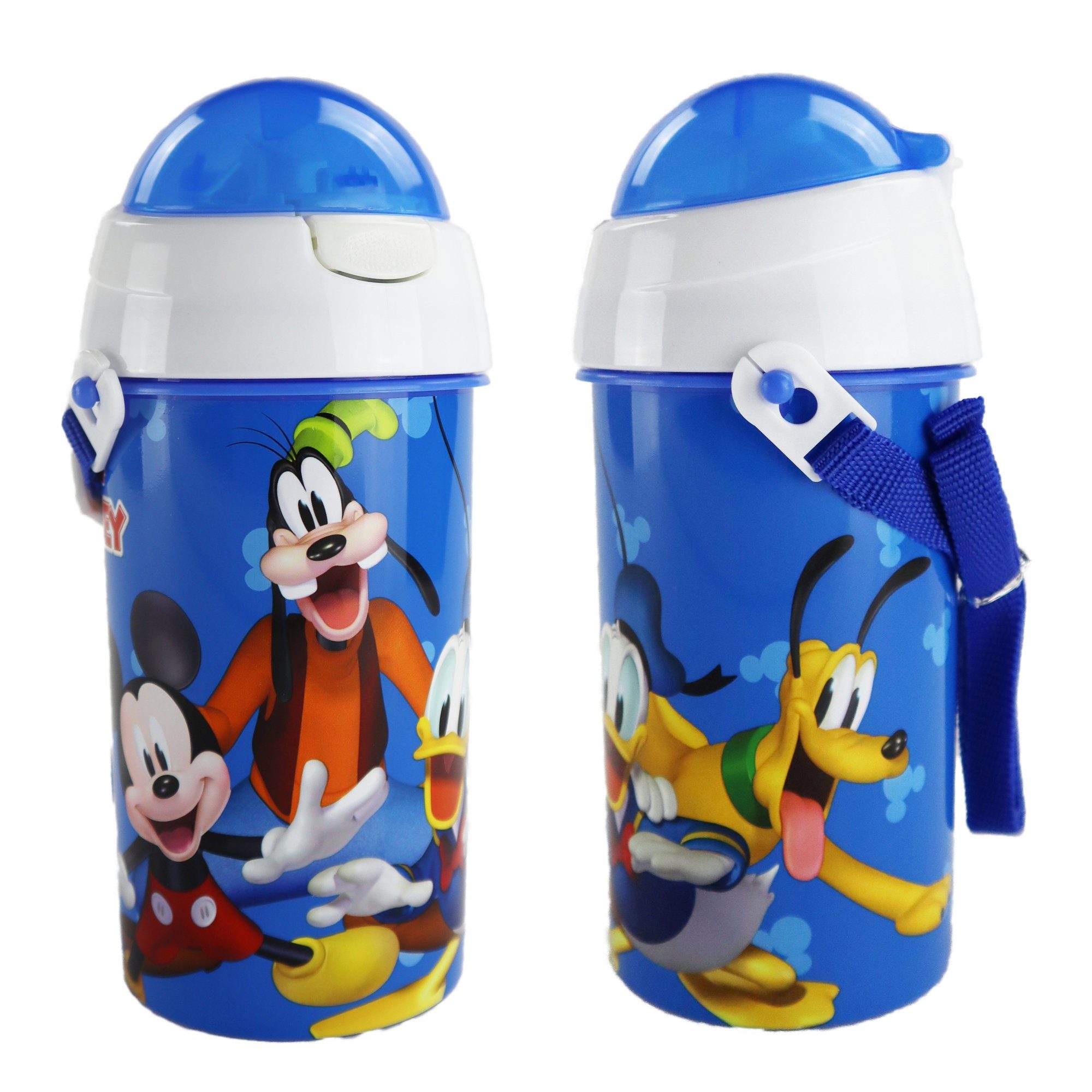 Disney Trinkflasche Disney Mickey Maus und Freunde Wasserflasche, Flasche mit integriertem Trinkhalm und Tragegurt 500 ml