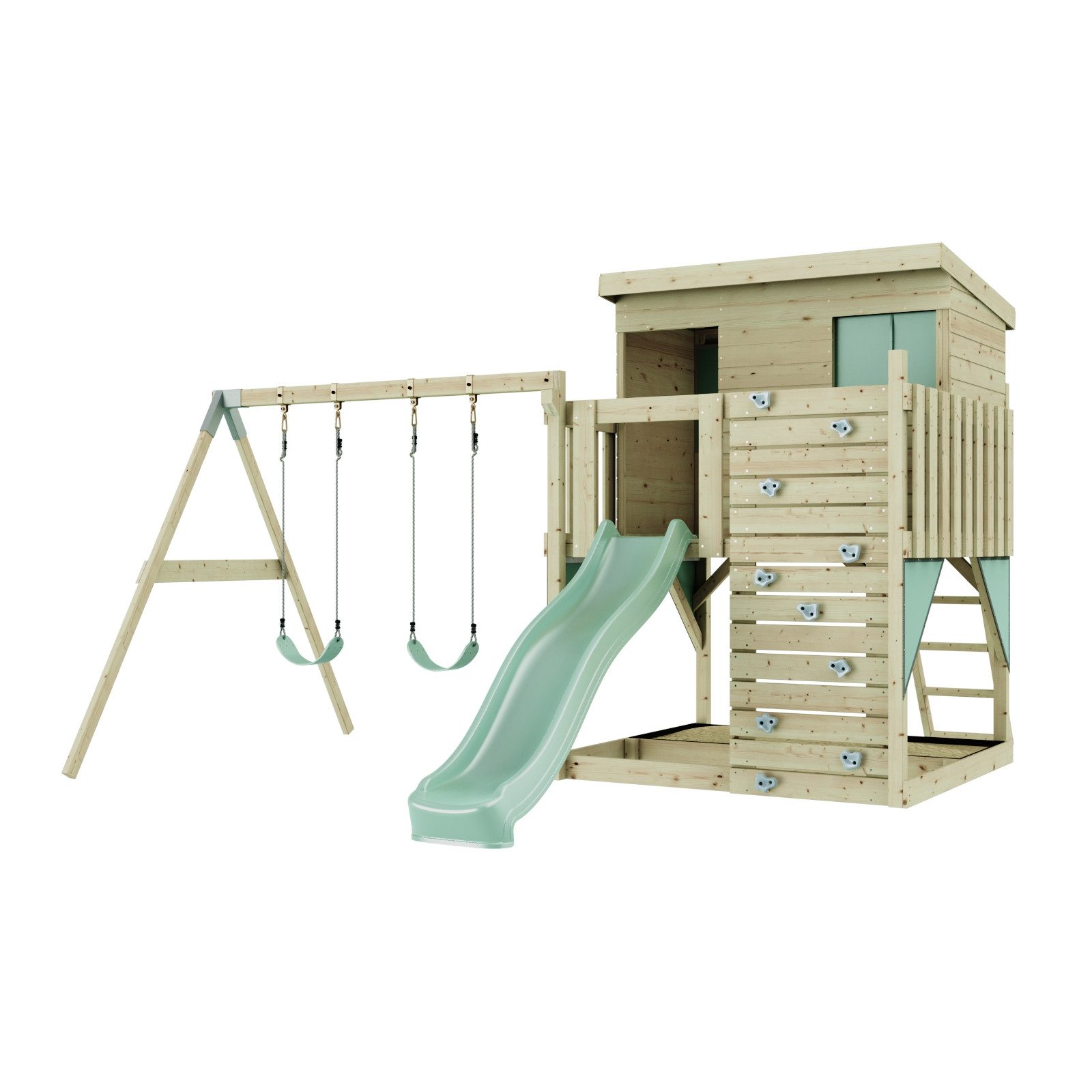 OutdoorToys Spielturm Nils, aus Holz in Mintgrün mit Kinderschaukel & Rutsche, Kletterwand