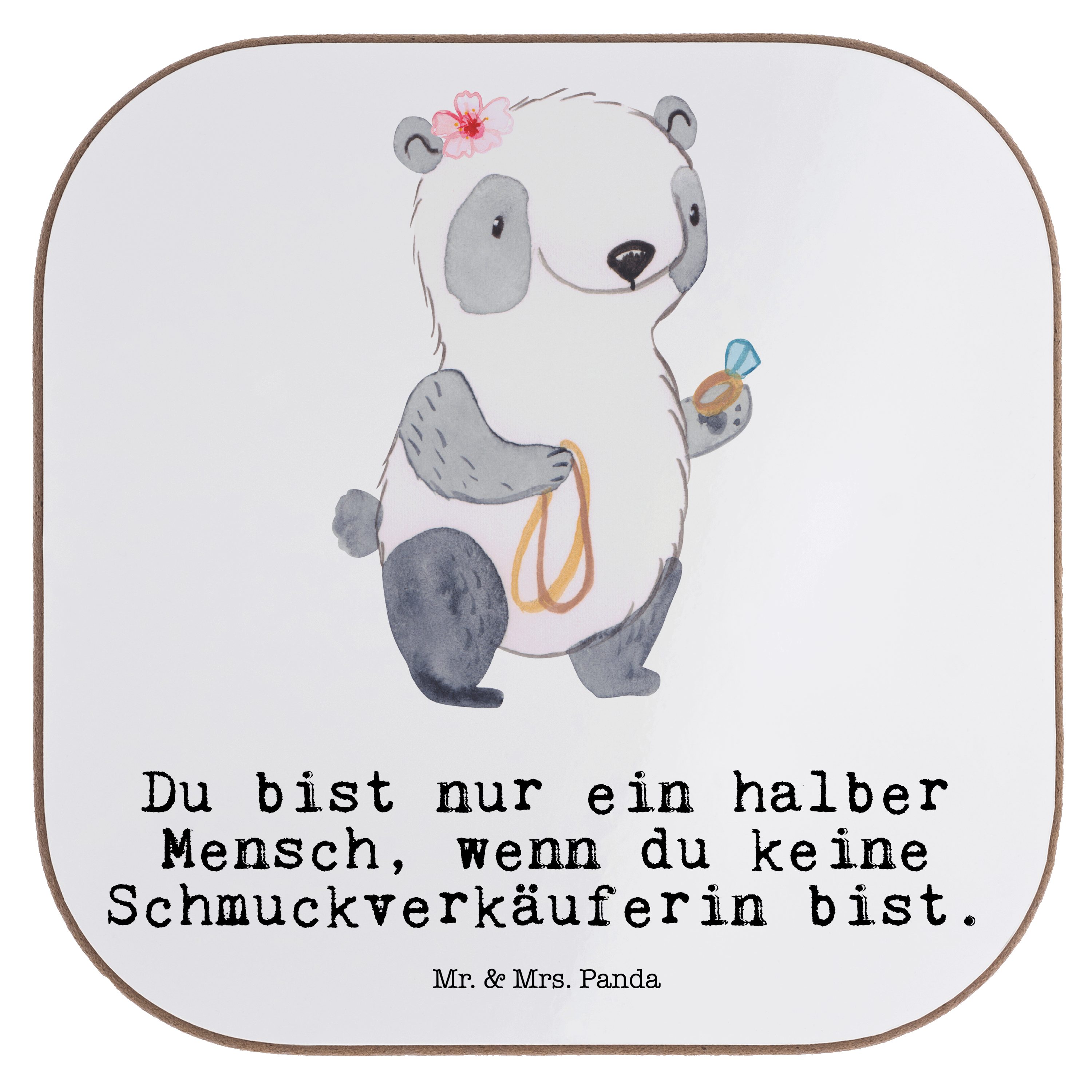 Mr. & Mrs. Panda Getränkeuntersetzer Schmuckverkäuferin mit Herz - Weiß - Geschenk, Schmuckwarenhändler, U, 1-tlg.