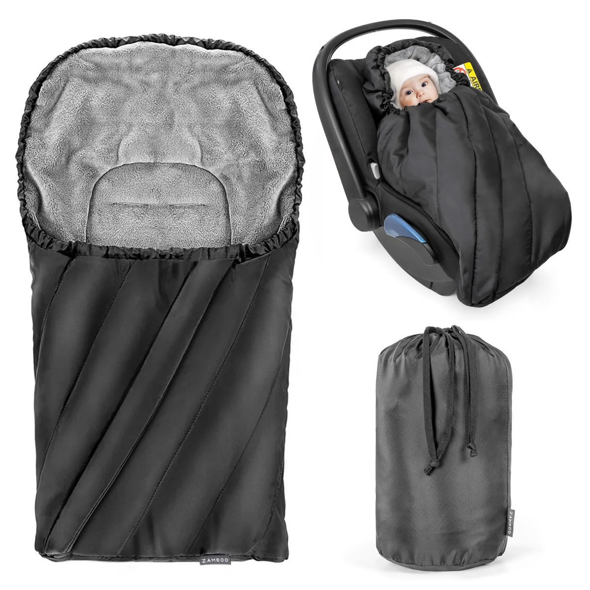 Zamboo Fußsack Deluxe - Schwarz Grau, Winter Fußsack für Babyschale Maxi Cosi & Babywanne Baby Winterfußsack