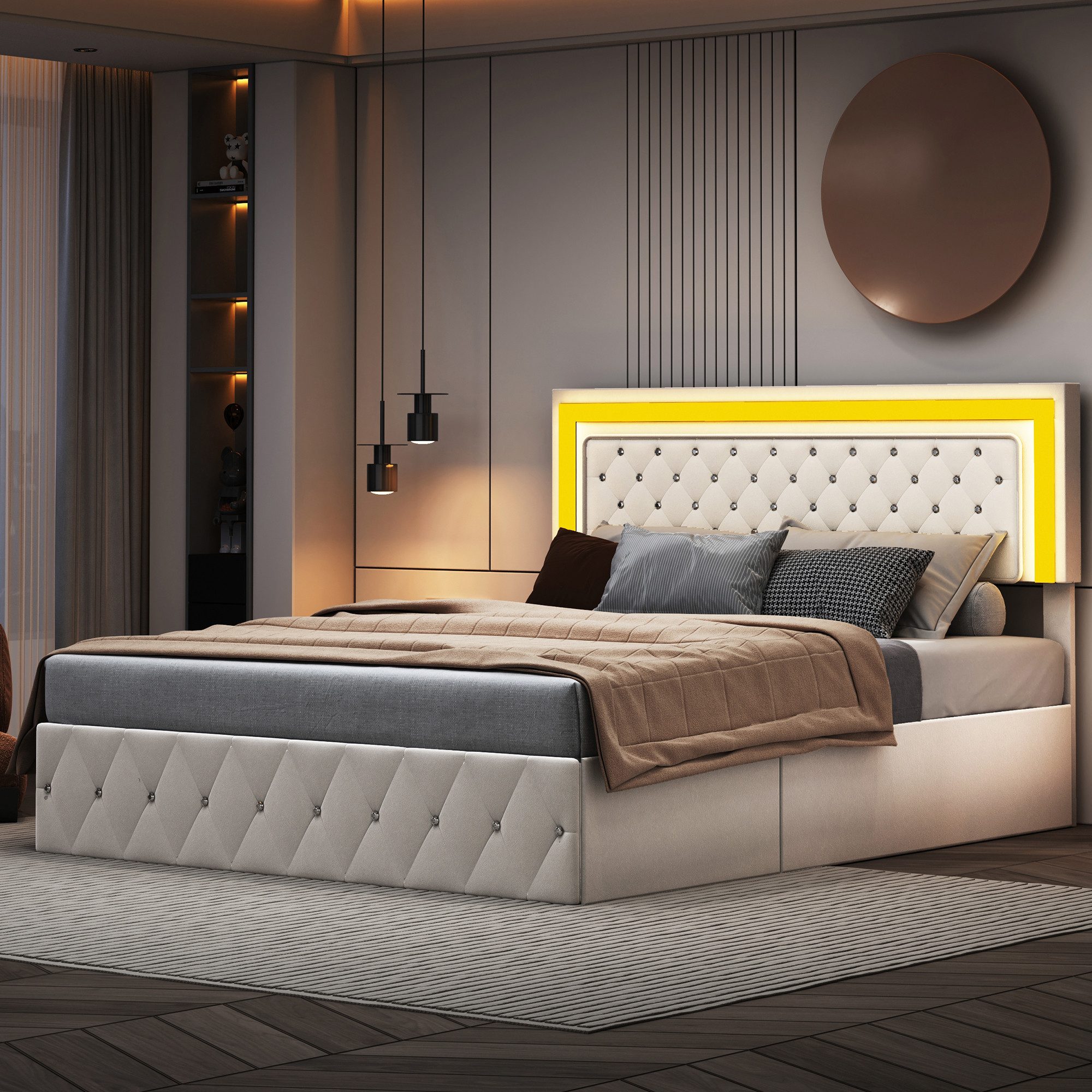 FUROKOY Boxspringbett LED Doppelbett Hydraulisches Polsterbett günstig online kaufen