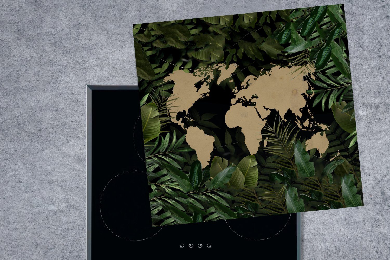 Herdblende-/Abdeckplatte 78x78 tlg), Pflanzen - Arbeitsplatte Weltkarte Ceranfeldabdeckung, - für küche Blätter, MuchoWow Vinyl, (1 cm,