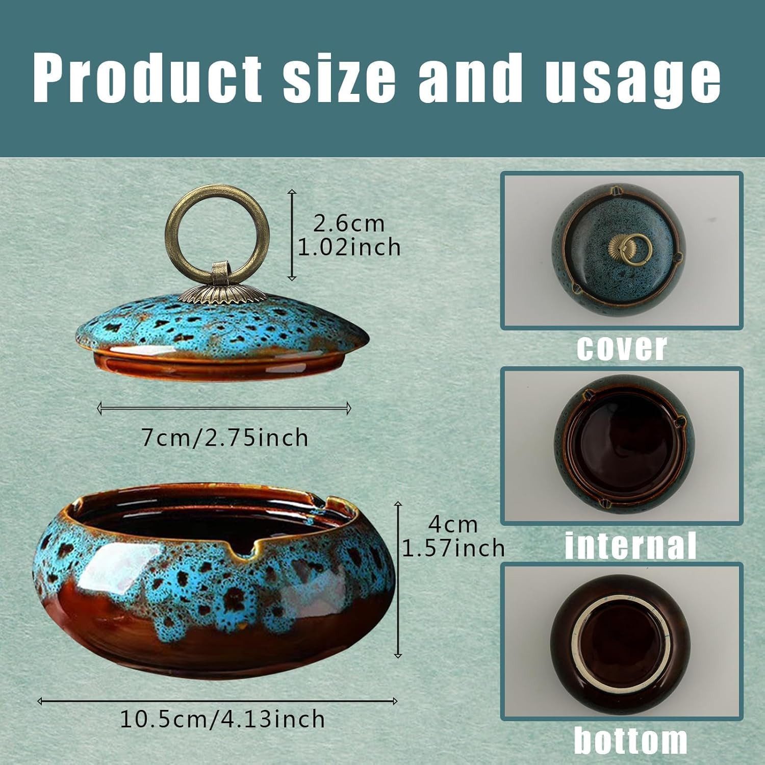 COOL-i ® Aschenbecher, Vintage-Keramik Aschenbecher mit Deckel, drinnen und draußen