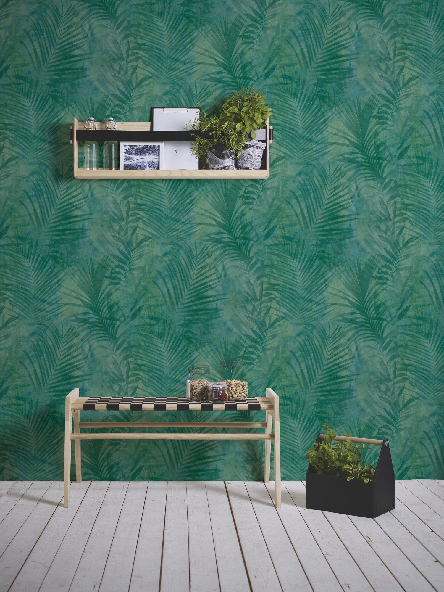 Palmenblättern, Tapete Concret Vliestapete Dschungeltapete Neue Palmen mit Bude Tropical 2.0 grün/blau floral, A.S. Création