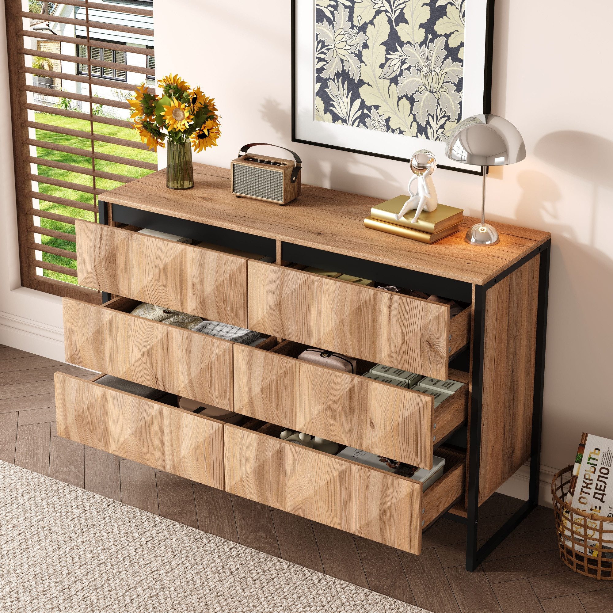 BlingBin Kommode Anrichte Sideboard Komodenschrank Beistellschrank Küchenschrank (Aufbewahrungsschrank mit 6 Schubladen und Metallbeinen, Natürlichen Holztönen, 1 St., Gesamtabmessungen: 120*40*80cm, Gewichtskapazität: 50kg), Buffetschrank aus Spanplatte und MDF für Wohnzimmer, Schwarz & Holz