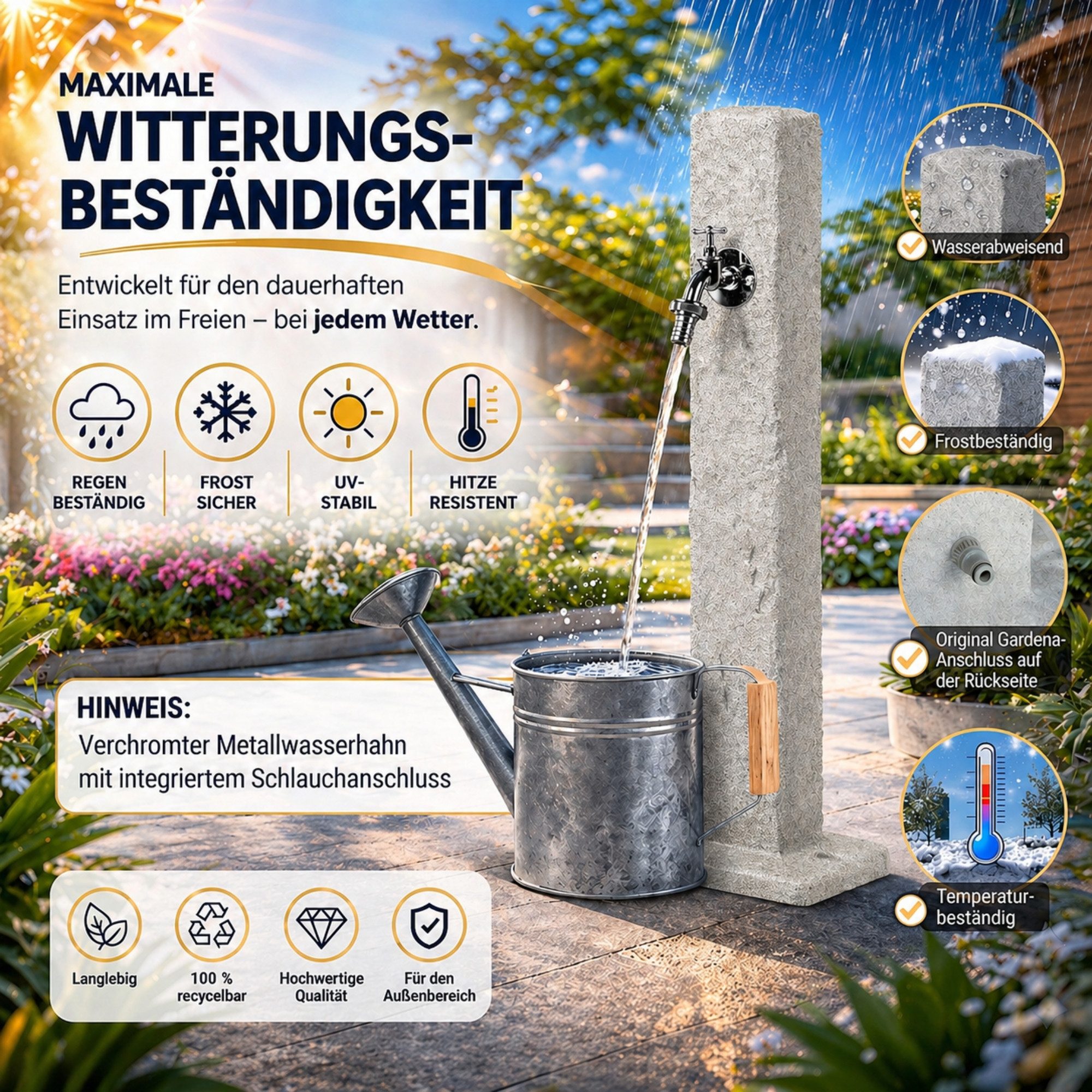 YourCasa Gartenbrunnen Wassersäule Garten, Stein-Optik, 98 cm, Wasserzapfsäule, 24 cm Breite, Verchromter Metallhahn mit Schlauchanschluss