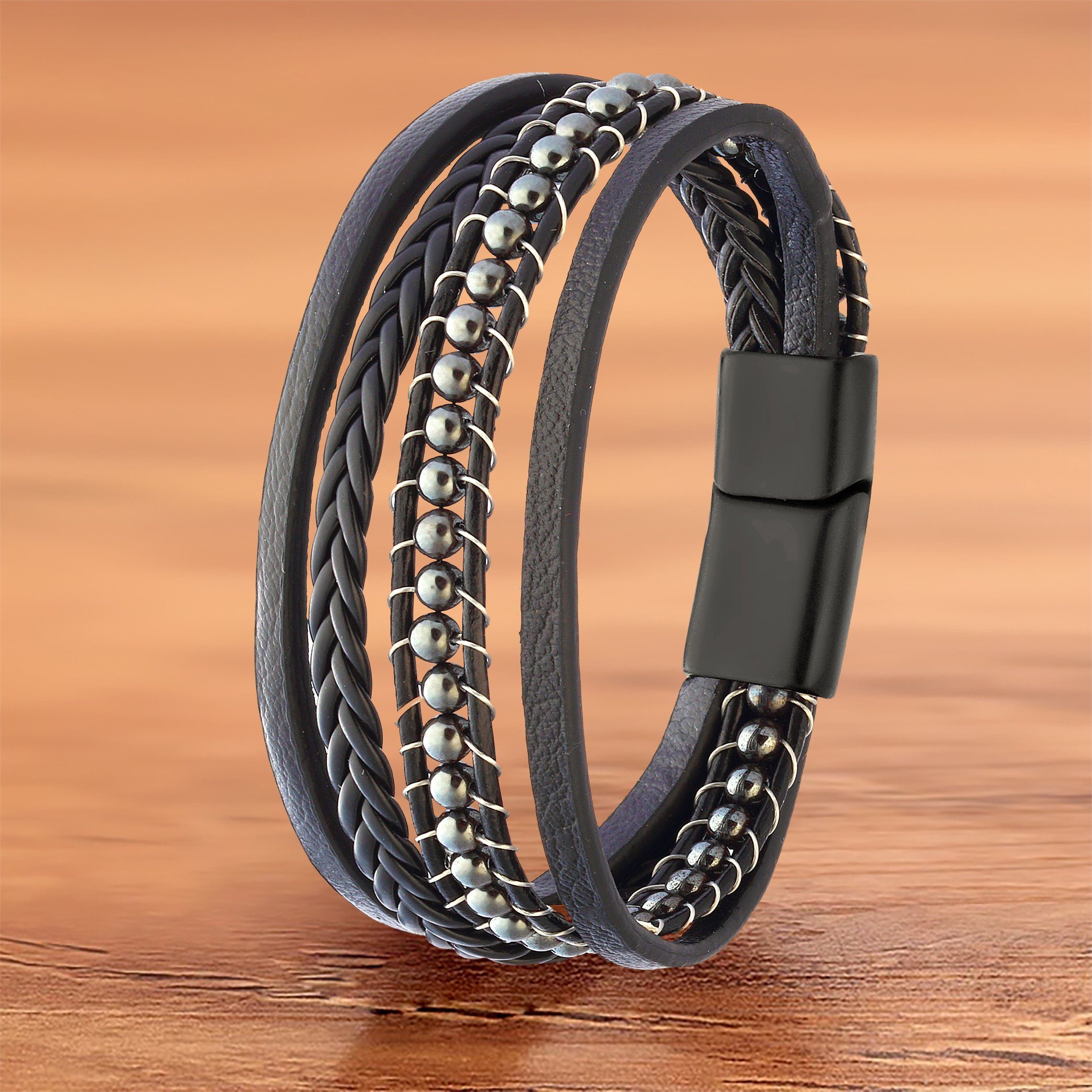 NAHLE Lederarmband Herren Lederarmband mit verschließen mit Hämatit ein Perlen Magnetverschluss sicheres Leder, für Schmuckbox), (inkl. aus