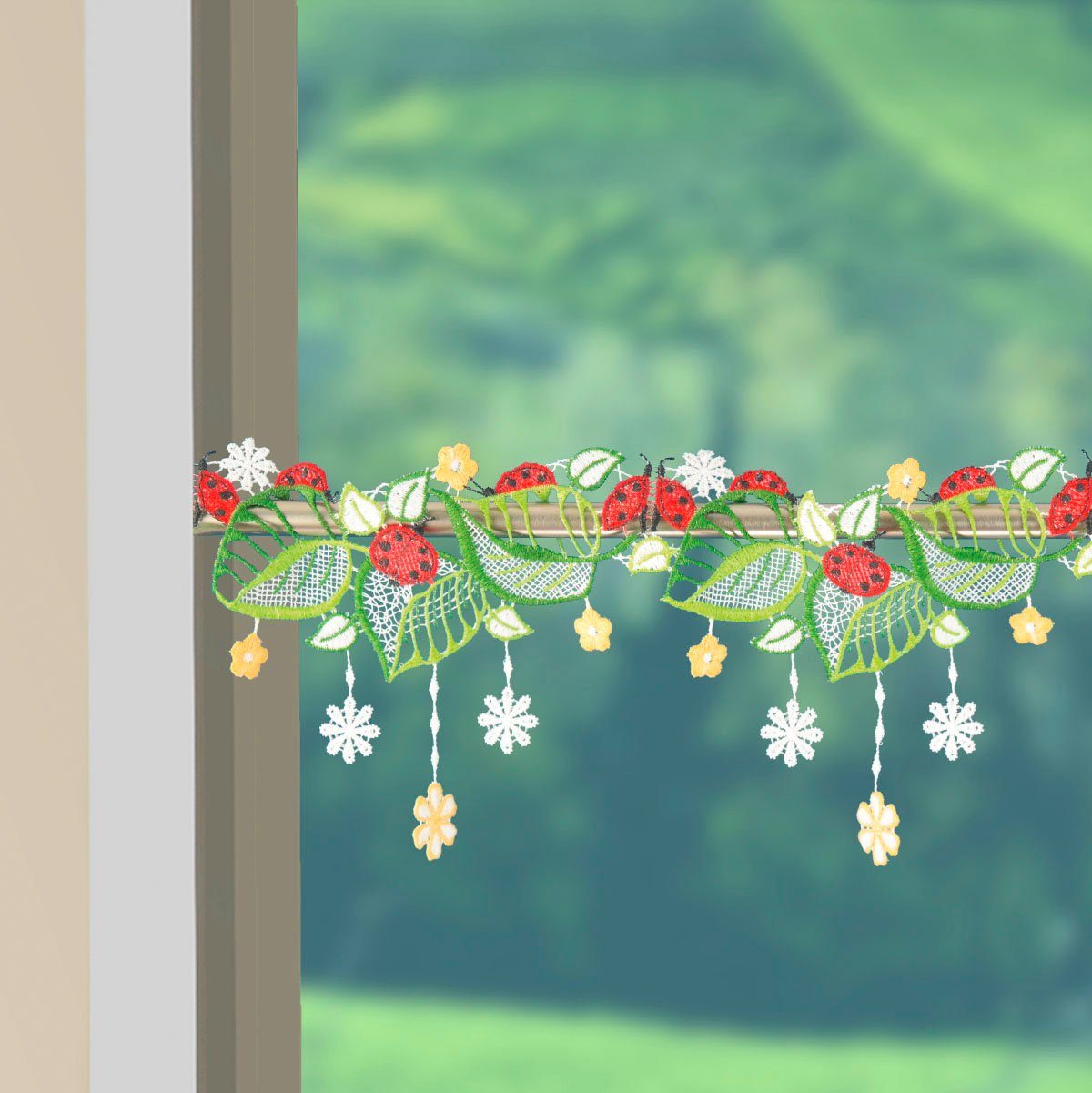 W. Reuter & Sohn - Plauener Spitze® Scheibengardine Marienkäfer (1 St), Stangendurchzug, halbtransparent, Made in Germany