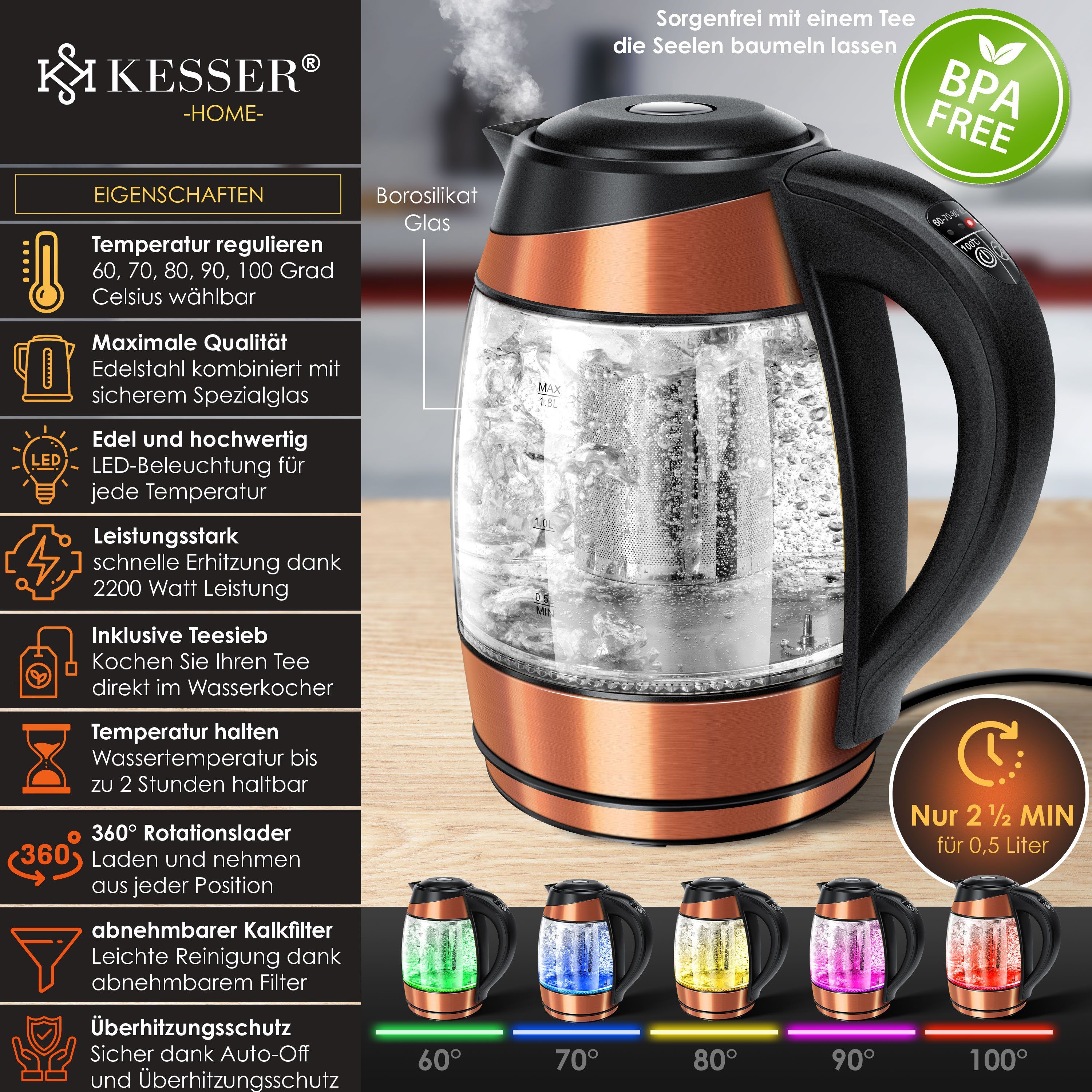 KESSER Wasserkocher, 1.8 l, 2200 W, 1,8L Edelstahl Wasserkocher 2200W Glaswasserkocher