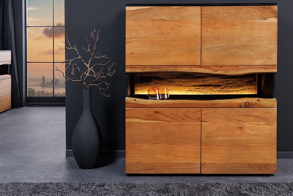riess-ambiente Highboard GRAND ACACIA 120cm braun/ schwarz - Akazie-Massivholz, LED-Beleuchtung (Einzelartikel, 1 St), handmade & Design mit Baumkante - ideal f – Bild 3 von 5