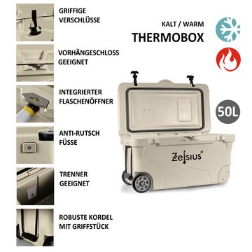 Zelsius Kühlbox beige 50 Liter mit Räder, Fahrbare Cooling Box für Camping Urlaub, 50 l