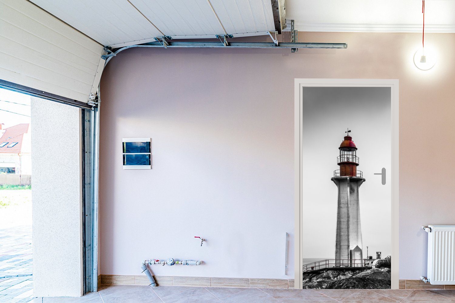 Tür, bedruckt, im für MuchoWow Vancouver, (1 Matt, Türaufkleber, Fototapete St), eines Westen Türtapete Leuchtturms von Schwarz-Weiß-Foto 75x205 cm