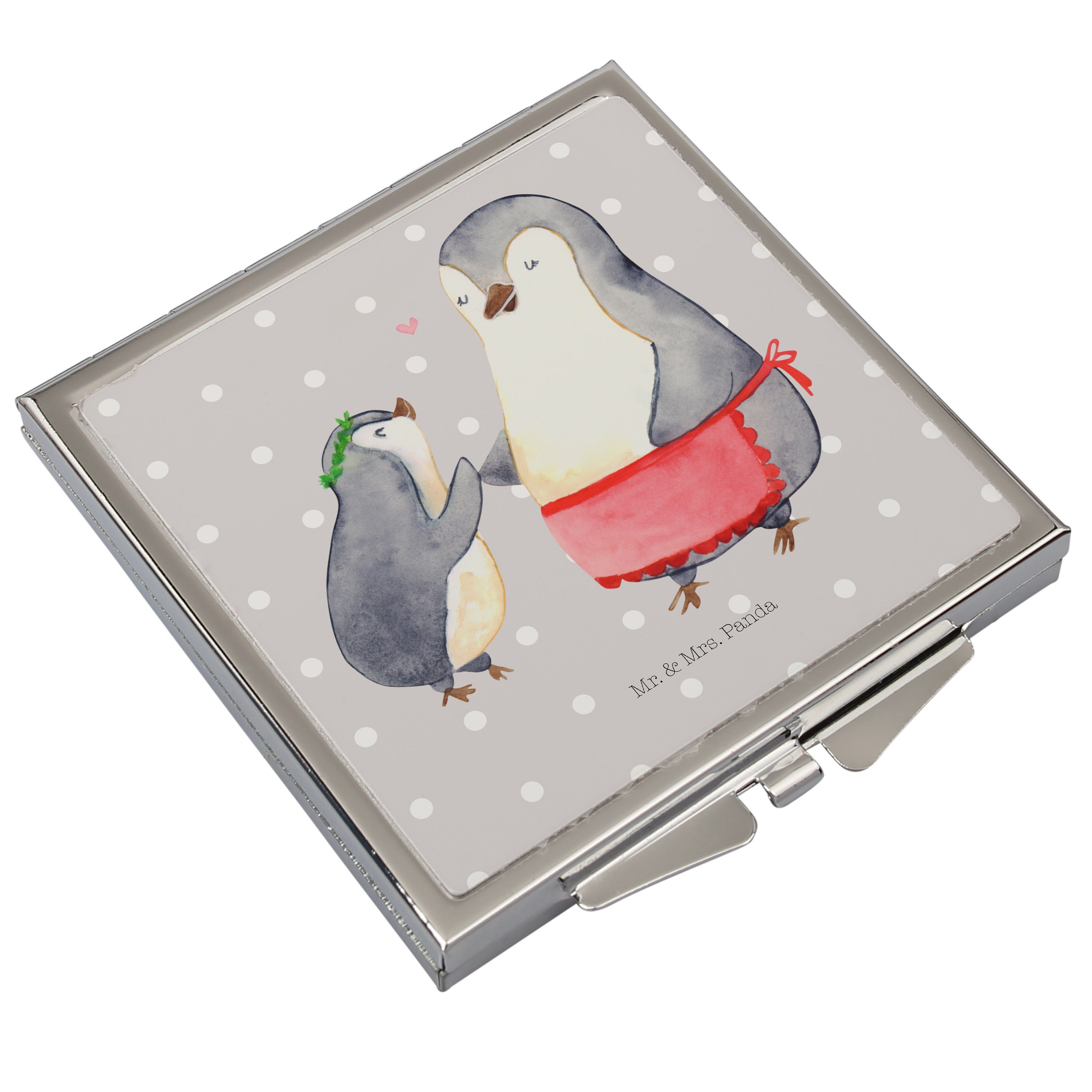Panda Kosmetikspiegel mit Mrs. Kind Mr. Mama, - - Da & Vorbild Geschenk, (1-St) Pastell Pinguin Mutter, Grau