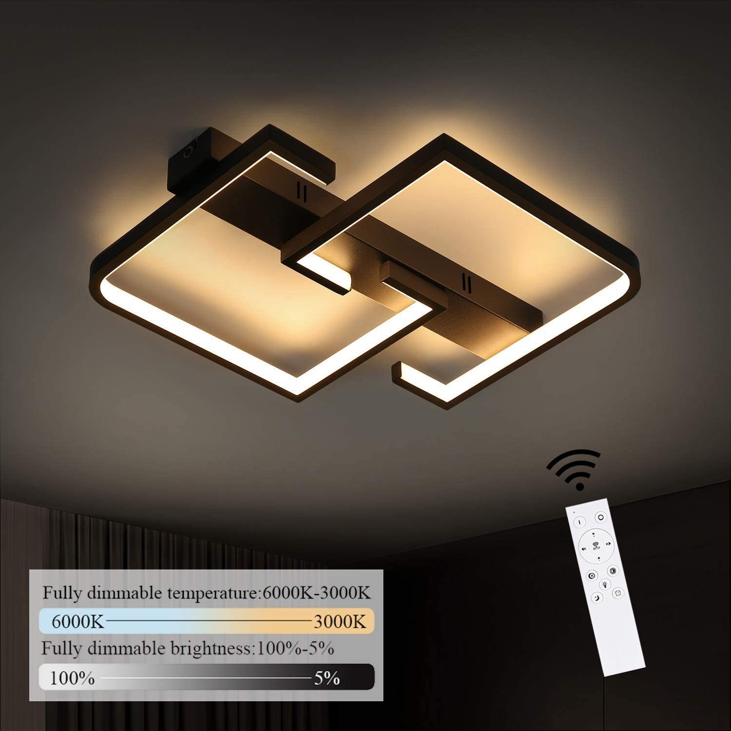 ZMH LED Deckenleuchte Deckenlampe Modern für Schlafzimmer Flur, Hochwertige Lampenperlen, LED fest integriert, 3000-6500k Schwarz