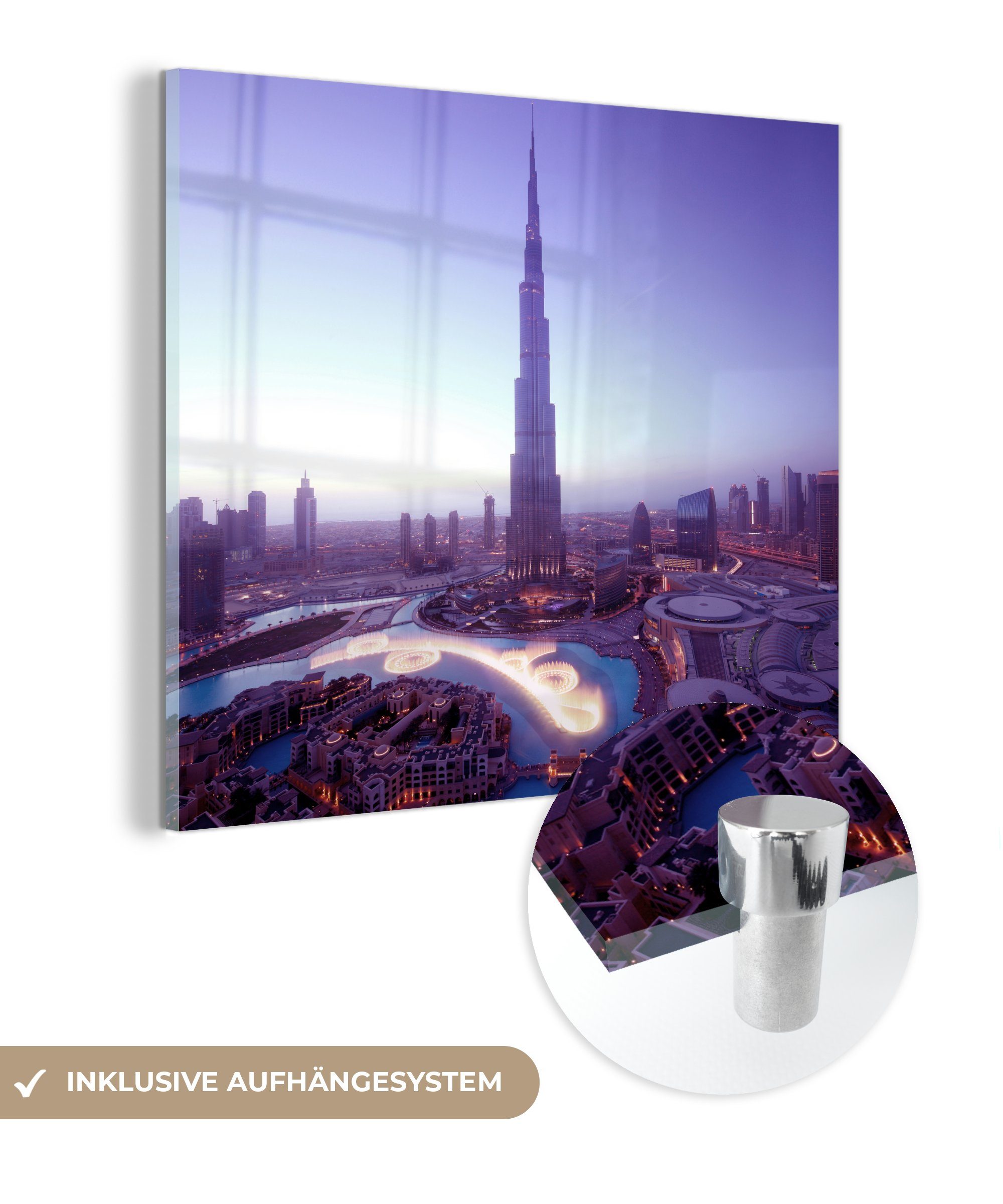 St), Dubai-Brunnen MuchoWow Wanddekoration - Bilder auf das und Gebäude Glas Glas Wandbild der Acrylglasbild auf - Glasbilder - (1 höchste Welt, Foto