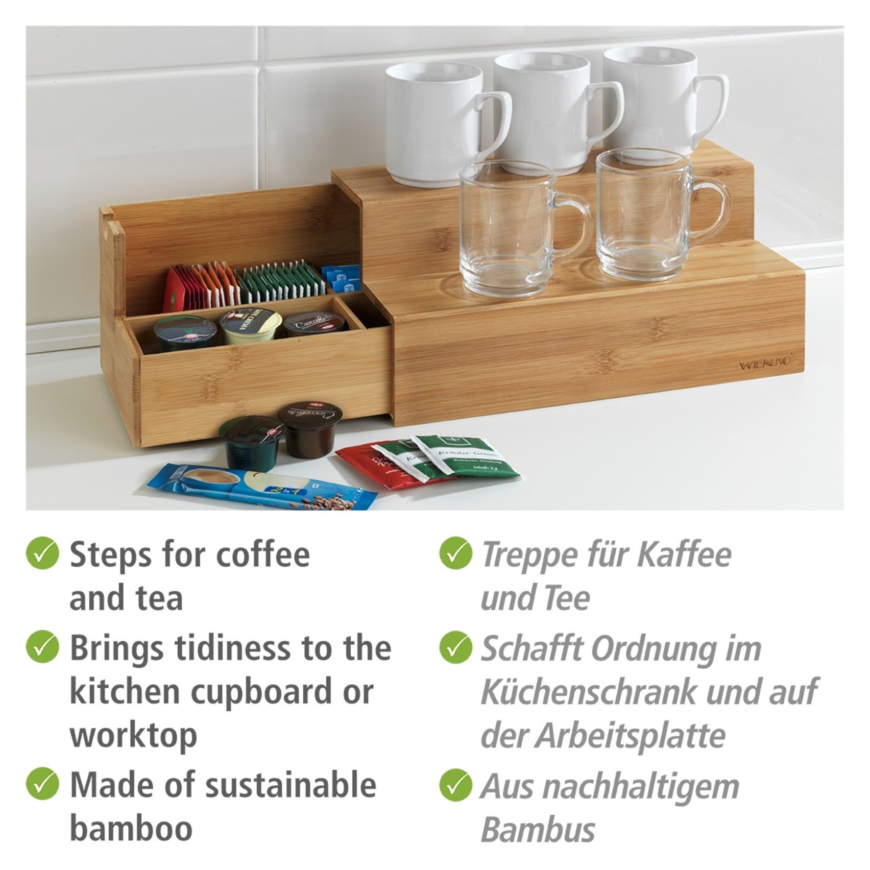 WENKO Aufbewahrungssystem Bambus Treppe, Bambus, (1-tlg), Küchenregal mit 2 Stufen und Schublade, ideal für die Arbeitsplatte