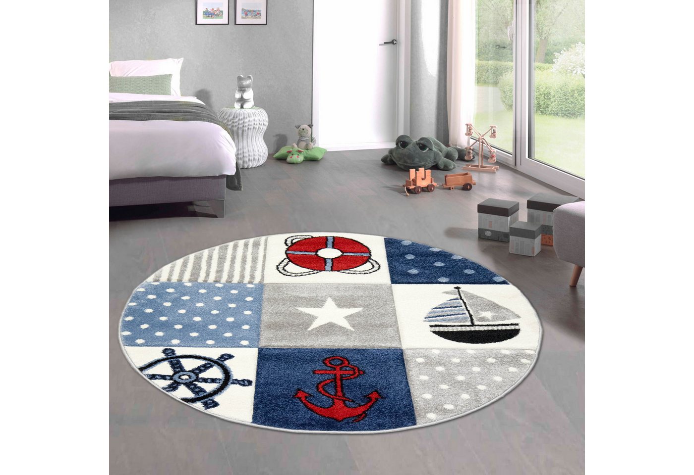 Carpetia Kinderteppich Verspieltes Motivdesign, rund, Höhe: 15 mm, pflegeleicht, strapazierfähig, handgearbeiteter Konturenschnitt