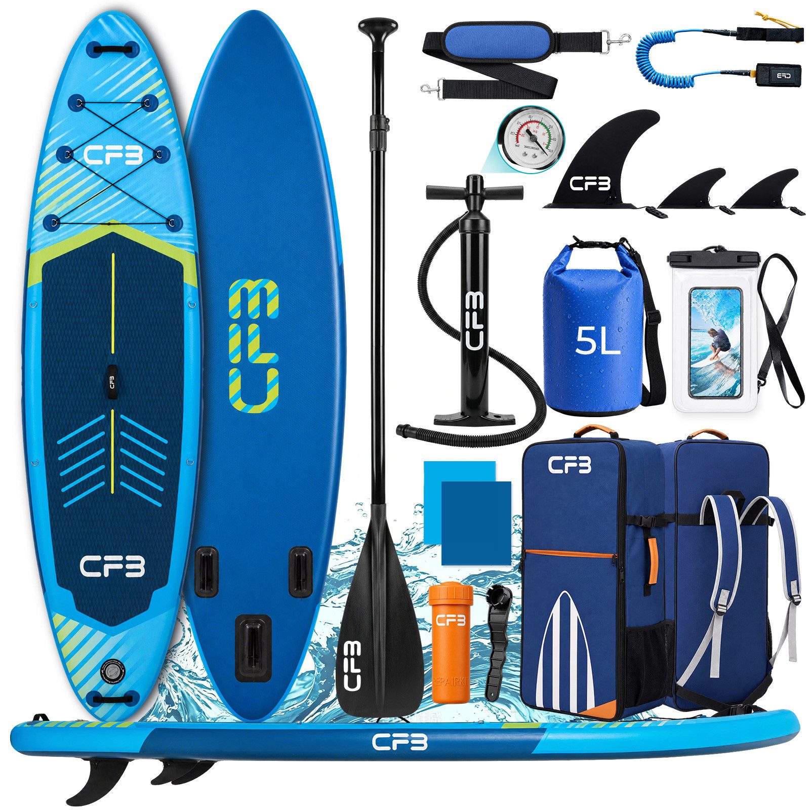 CFB SUP-Board Set 320x84x15 cm, Belastbarkeit 160 kg, Aufblasbares Stand Up Paddle Board, (mit 84 cm Standfläche & großem EVA-Deckpad, 12 tlg., SUP Set mit Paddel, Pumpe, Rucksack, Dry Bag, Handyhülle, Schultergurt), stabil, leicht und rutschfest, 3-Finnen-System für Anfänger