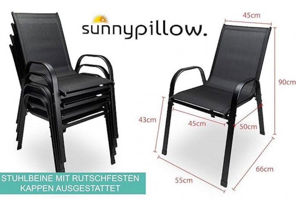 sunnypillow 4-Fußstuhl Stapelstühle schwarz – Hochlehner Gartenstühle mit Armlehnen, 2 Stk.