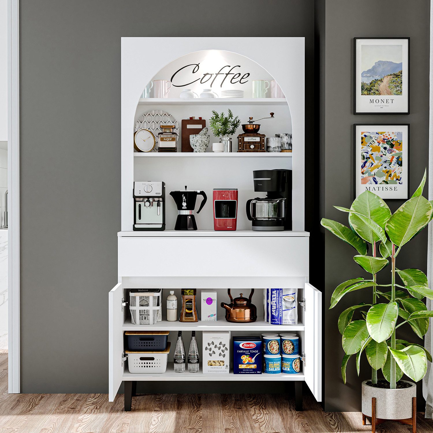 Roomart Küchenregal VENEDIK Küchenschrank 90 cm, Buffet, Schublade in 4 Farben, mit Beleuchtung, offene Nische, Schublade, Einlegeböden in 4 Farben