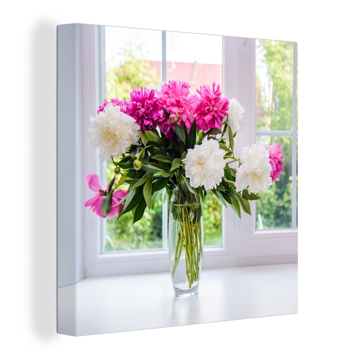 OneMillionCanvasses® Leinwandbild Blumen - Pfingstrosen - Vase, (1 St), Leinwand Bilder für Wohnzimmer Schlafzimmer