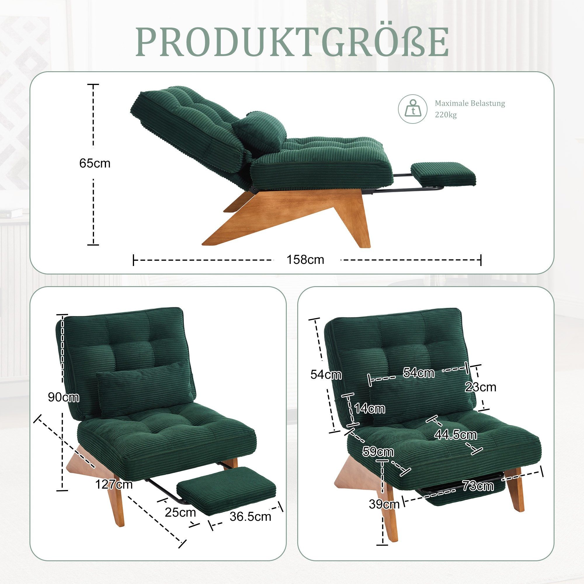 LVHOM Relaxsessel verstellbarer Loungesessel mit Fußstütze & Lendenkissen, Holzrahmen (Atmungsaktive Cord-Stoff, verstellbare Rückenlehne, integrierte ausziehbare Fußstütze, Seitentaschen. Inklusive farbig abgestimmtem abnehmbarem Lendenkissen, bis 220kg, für Lesen/Entspannen), Wohnzimmer/Schlafzimmer/Studierzimmer/Restaurant/Büro/Arbeitsbereich